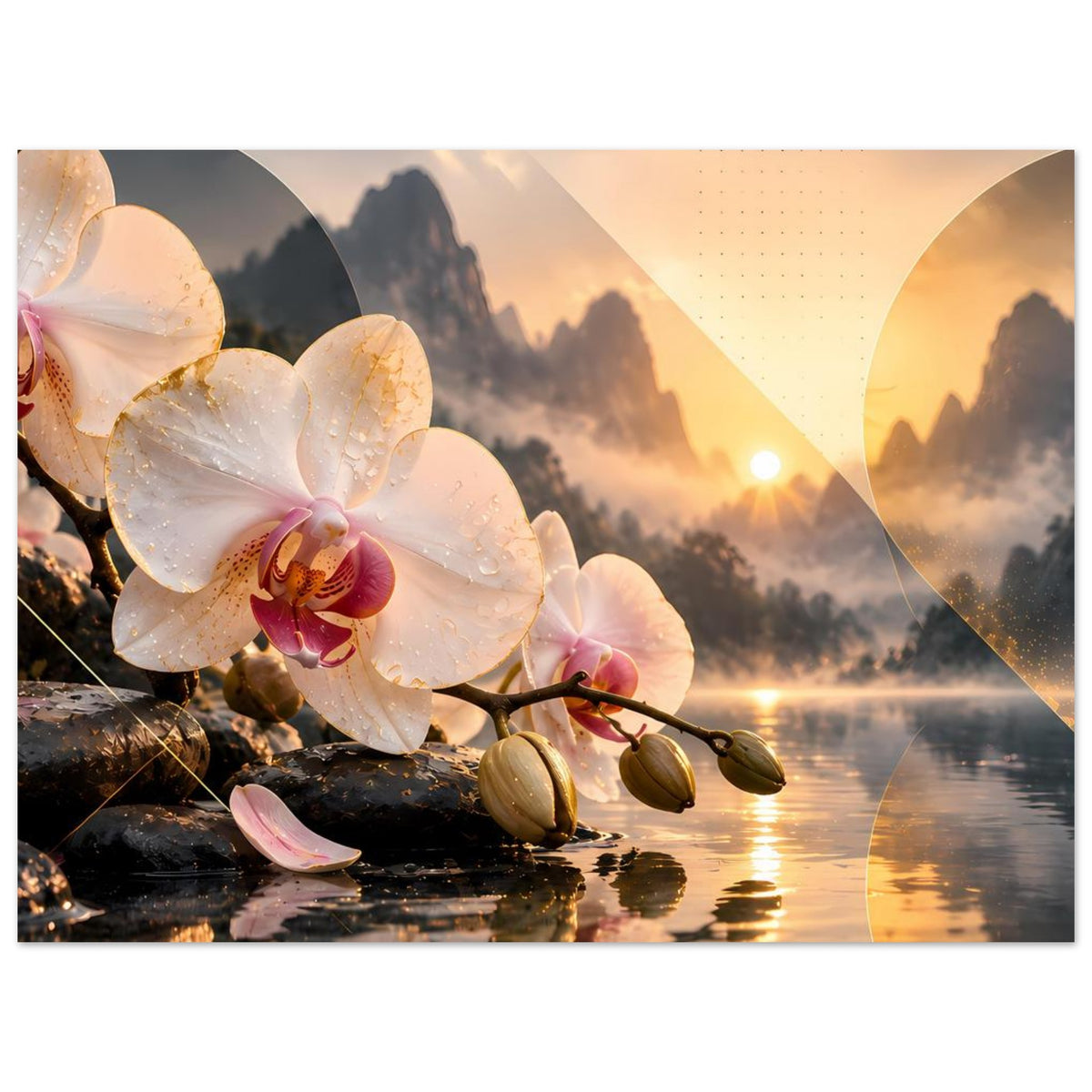 Orchideen-Blumenposter mit weißen Orchideenblüten, Seelandschaft und goldener Dämmerung.
