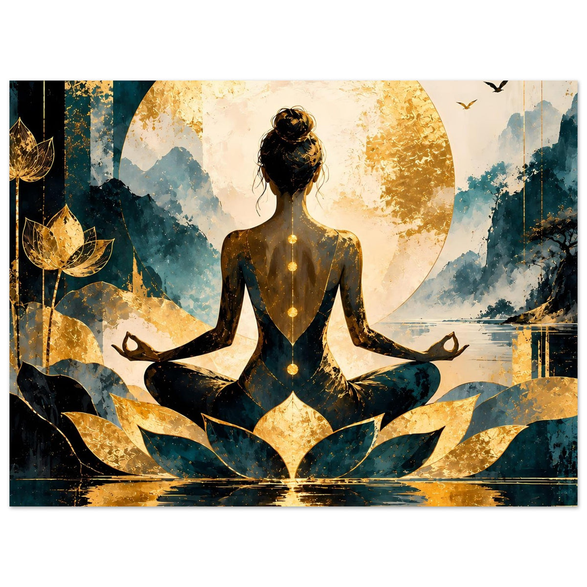 Poster Querformat: Meditationsfrau im Lotus, große goldene Sonne, Flusslandschaft und Vögel