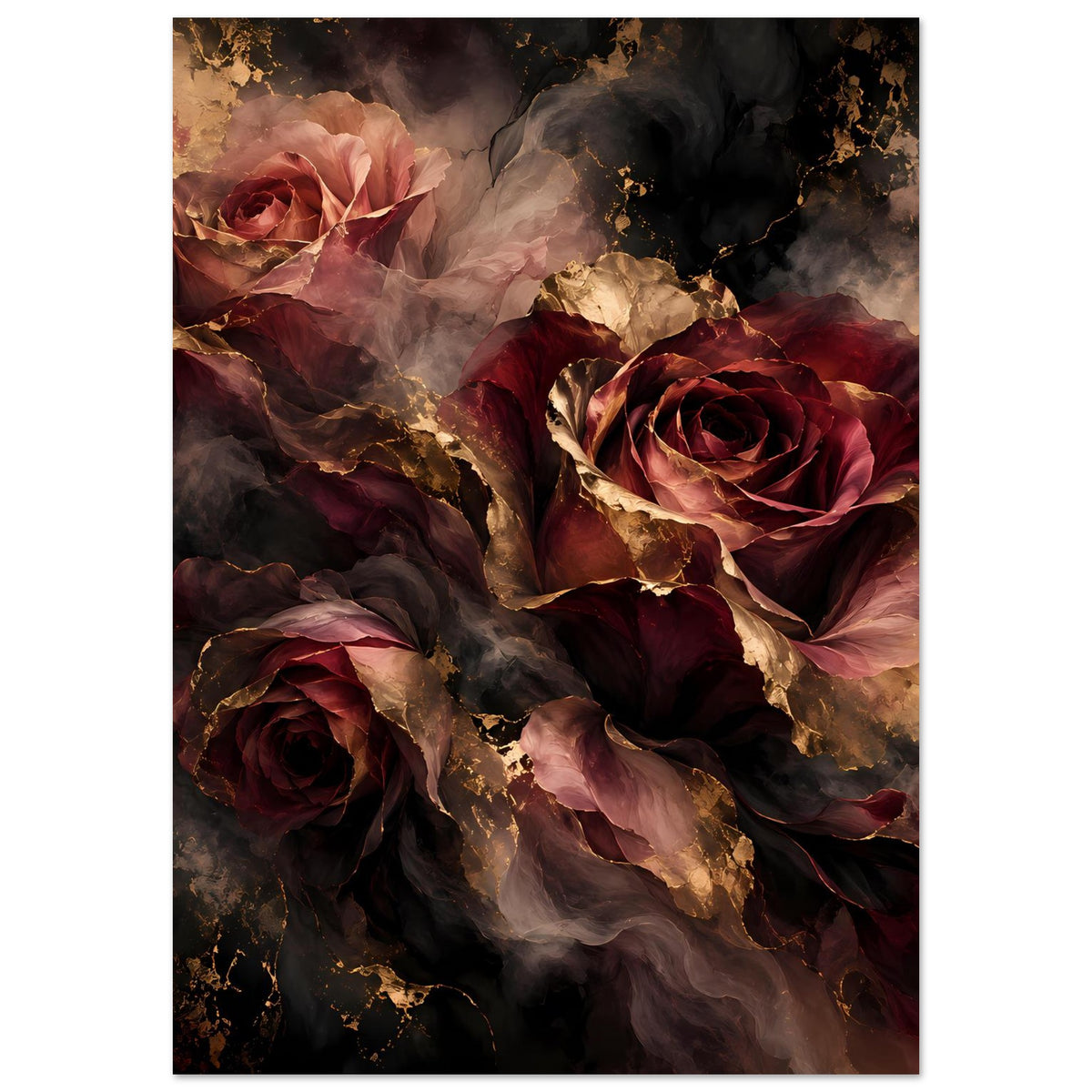 Poster mit Blumenarrangement aus dunklen Rosen und goldfarbenen Akzenten, überwiegend in warmen Tönen