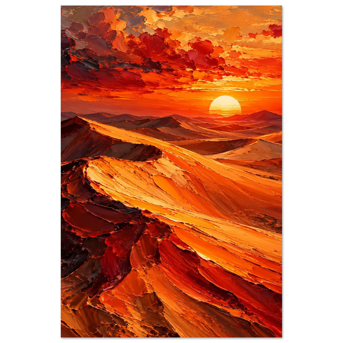 Poster Hochformat: Wüste beim Sonnenuntergang, rote und orangefarbene Pinselstriche.