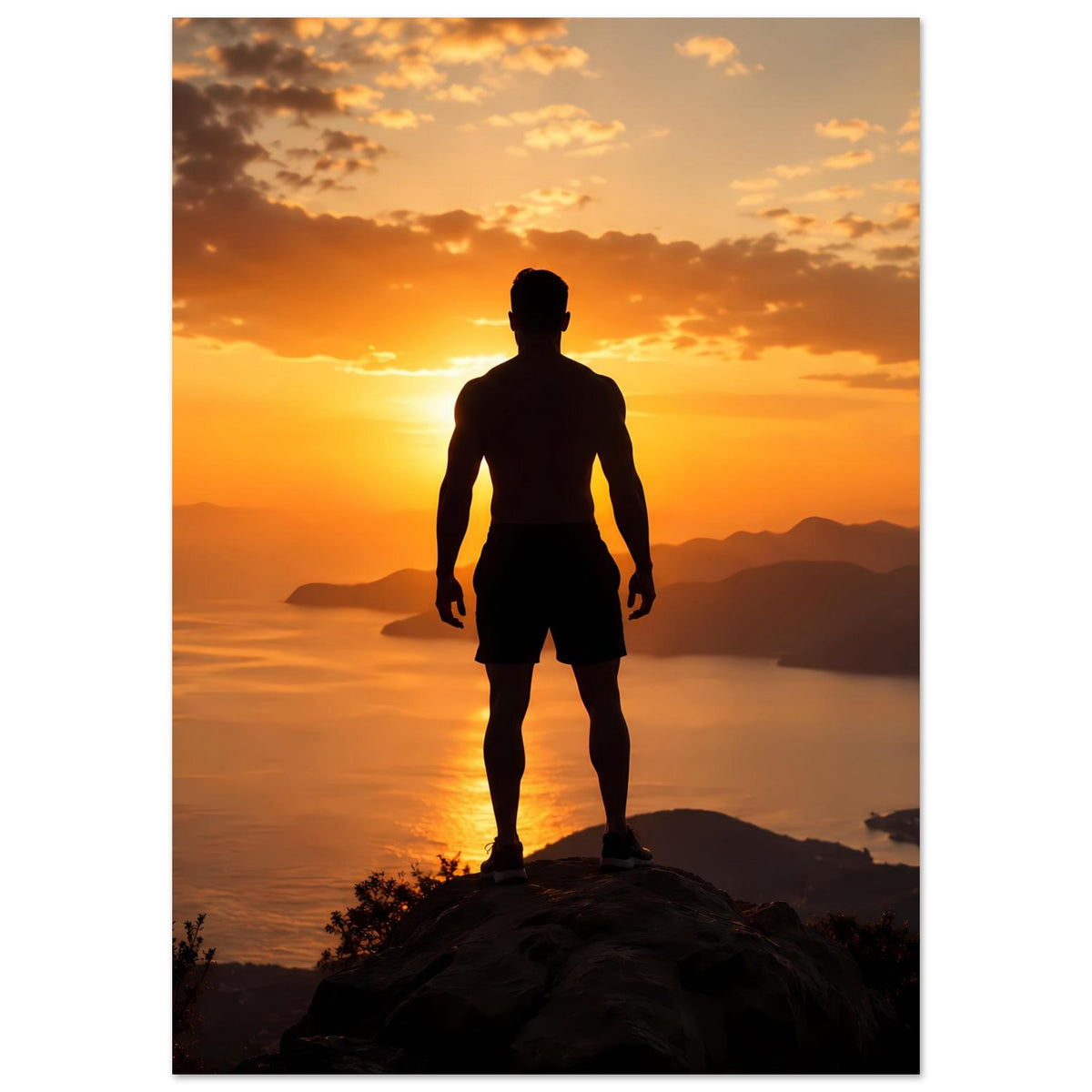 Sonnenuntergangs-Poster, stehendes Motiv mit Silhouette eines Mannes auf dunklem Fels