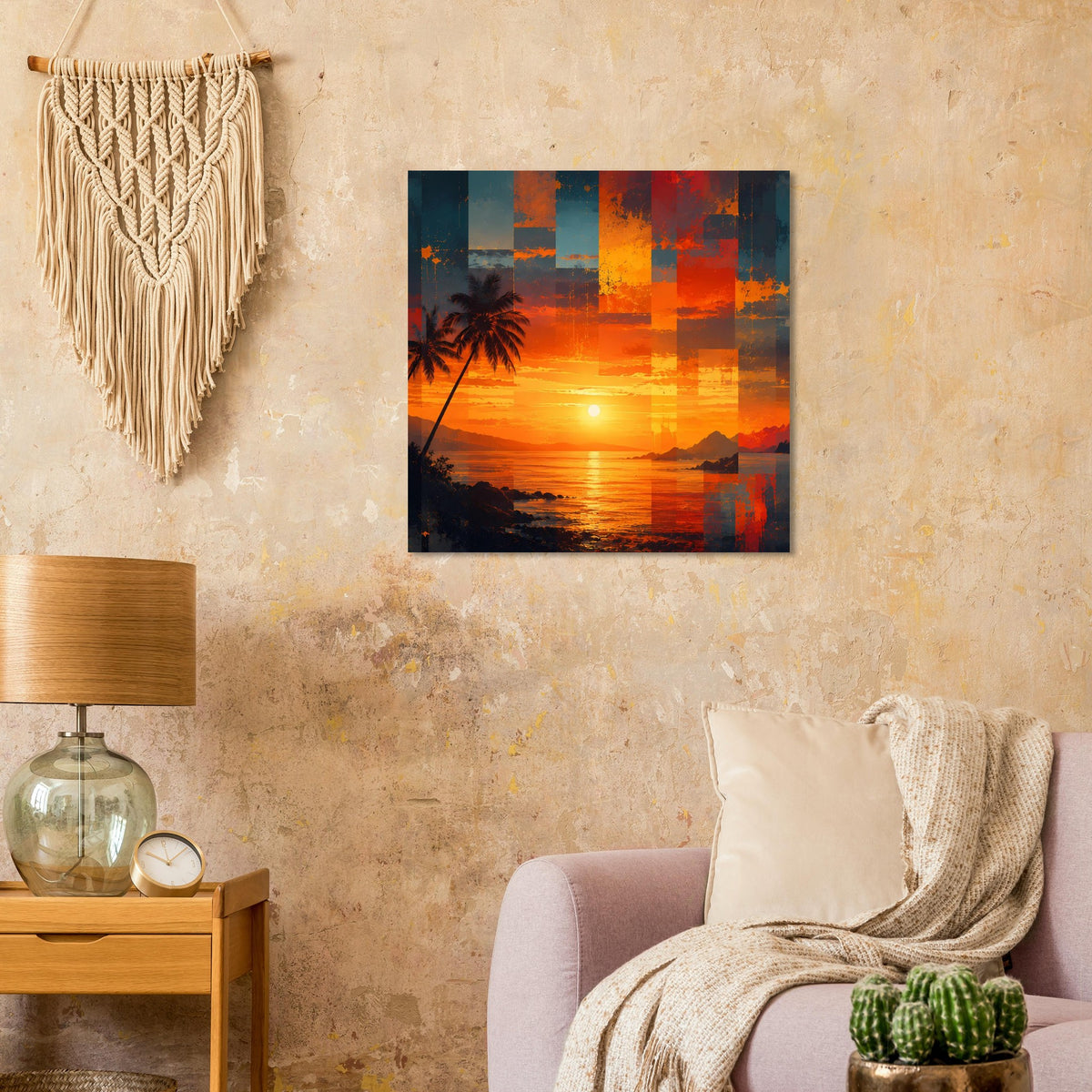 Quadratisches Kunstposter mit tropischer Küste, Sonne im Meer und abstraktem Orange-Rot