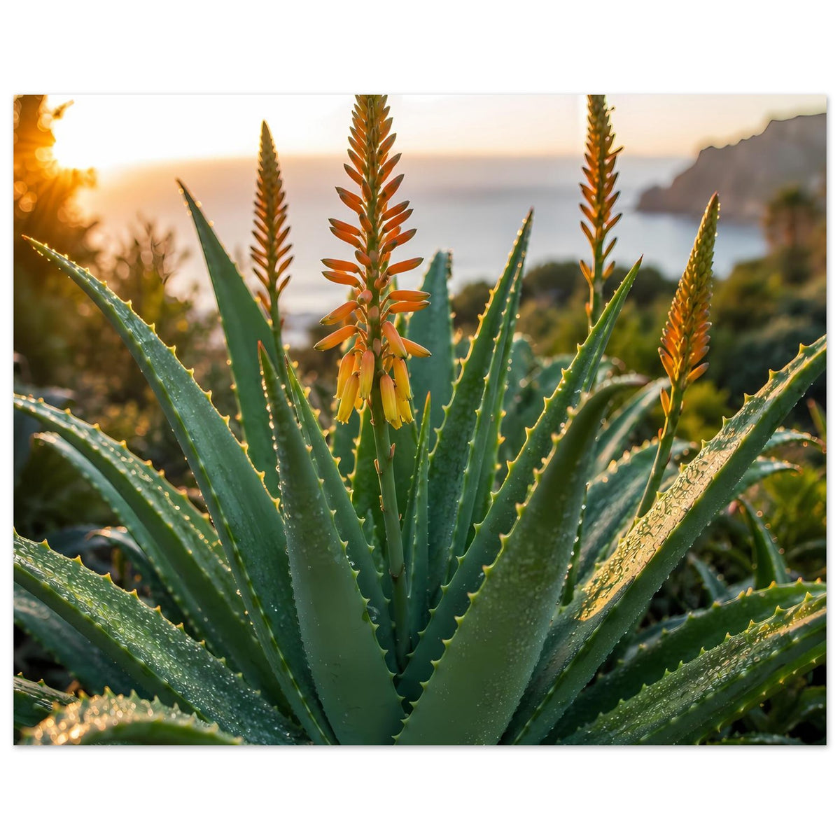 Aloe-Poster im Querformat: grüne Sukkulente mit orangefarbenen Blütenständen