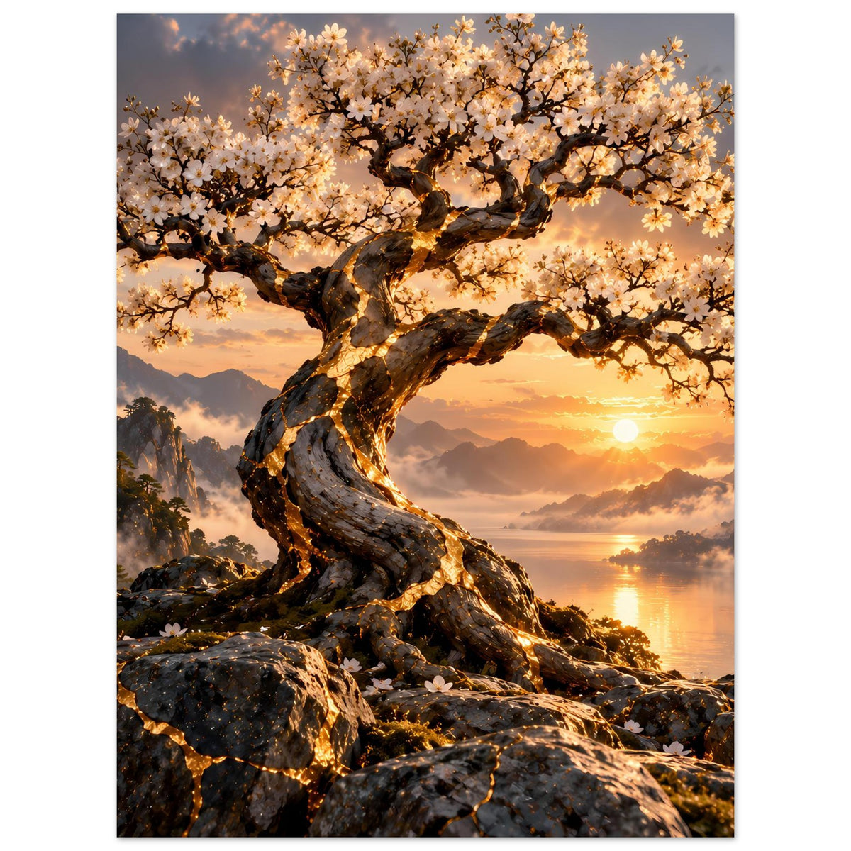 Hochformat-Wandposter mit verzweigtem Baum und rosafarbenen Blüten vor Sonnenuntergang