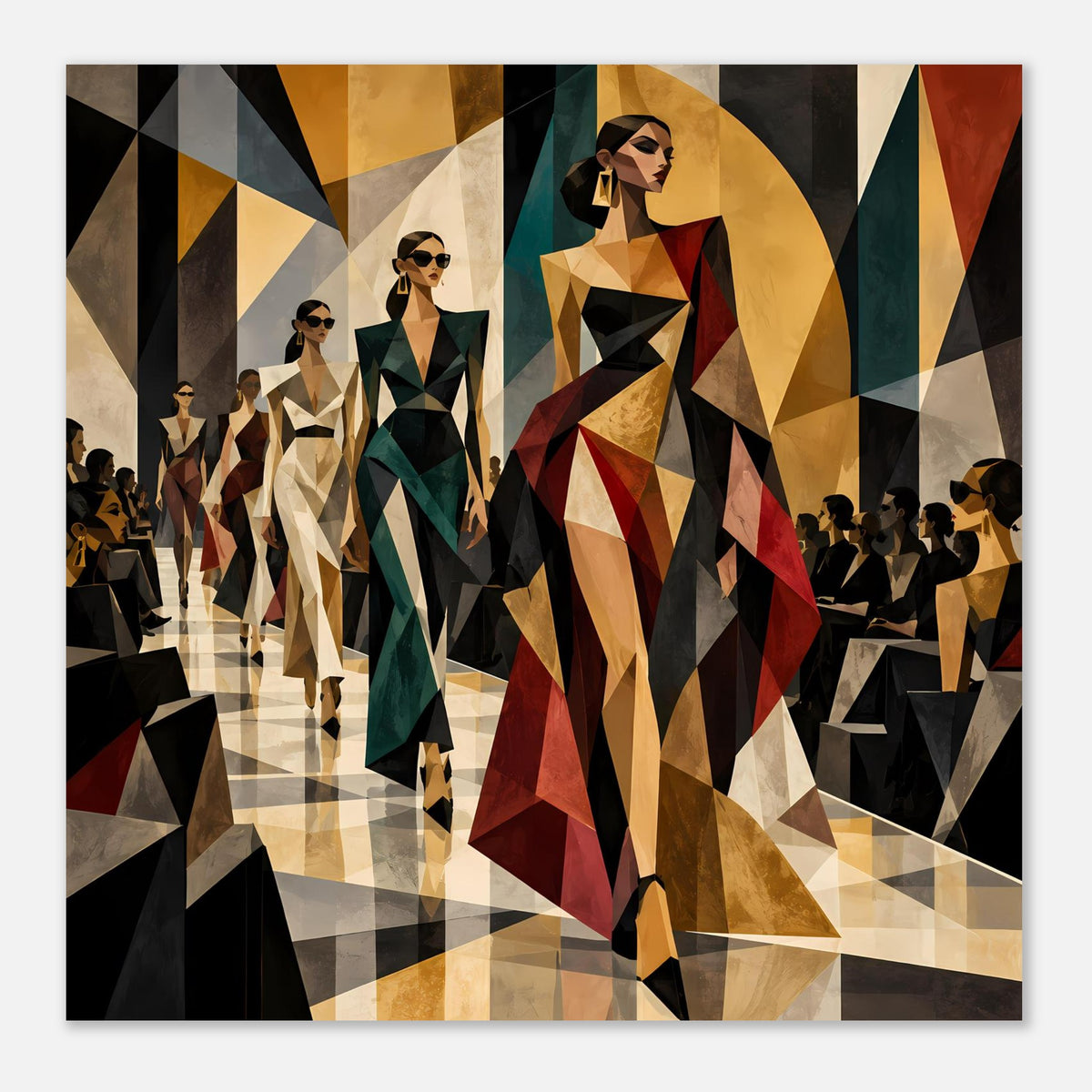 Fashion-Poster im quadratischen Ausschnitt: geometrische Models am Laufsteg, Juwelenfarben