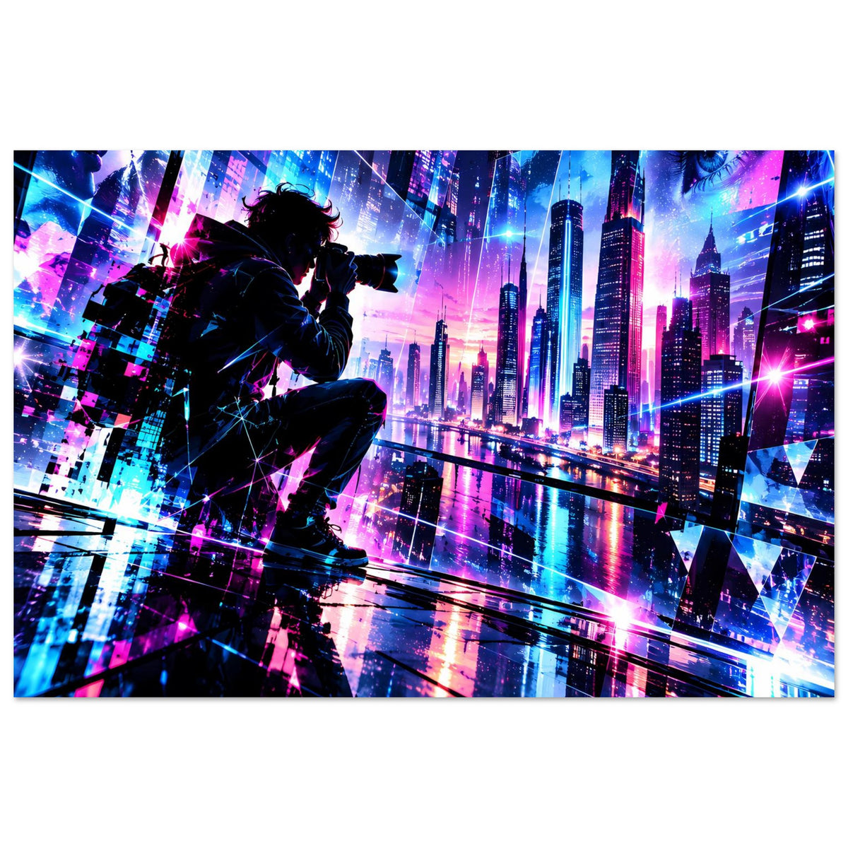 Poster mit futuristischer Neonstadt bei Nacht, Silhouettenfigur mit Kamera, bunte Lichter