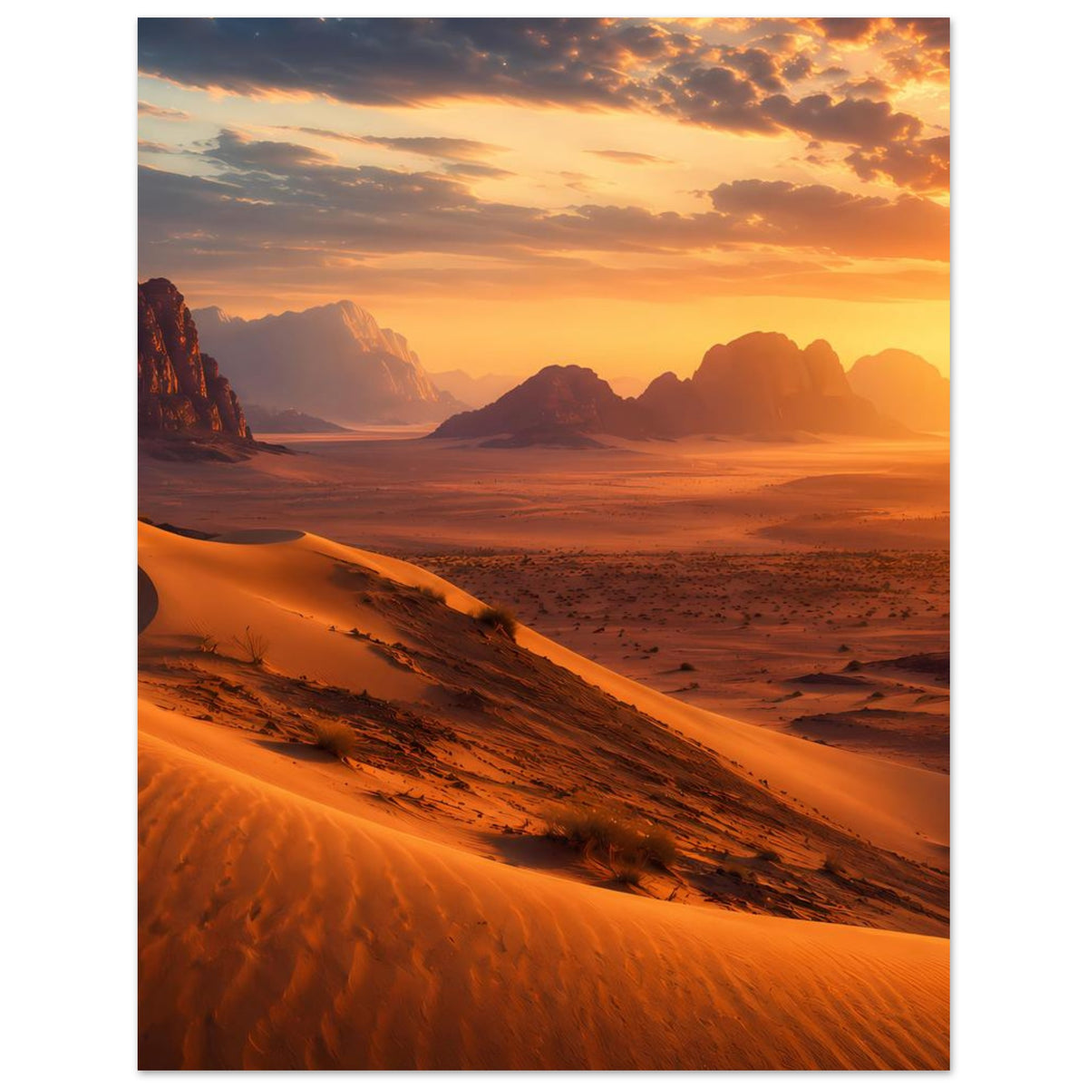 Hochformat-Poster mit Wüstenblick bei Sonnenuntergang, goldene Dünen und Nebelschleier