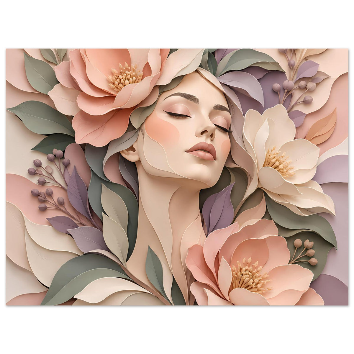 Florales Portrait-Poster mit Frauengesicht und geschlossenen Augen, Pastellblumen, horizontal