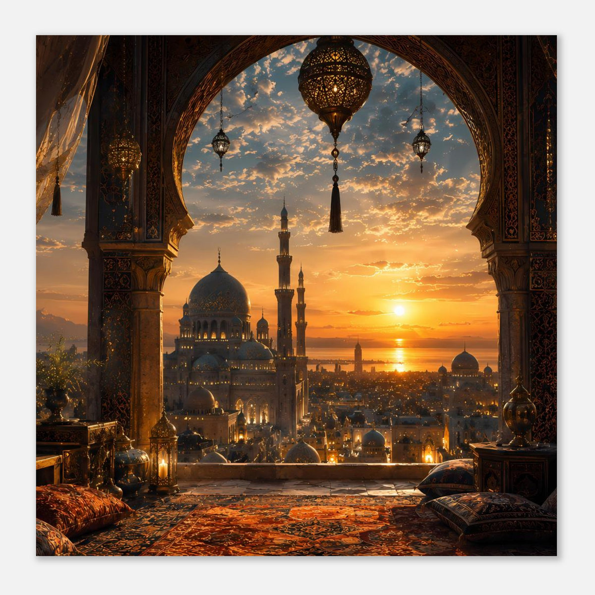 Kleines Poster mit Rundbogenansicht auf Moschee, goldene Kuppel und Minarette im Abendlicht