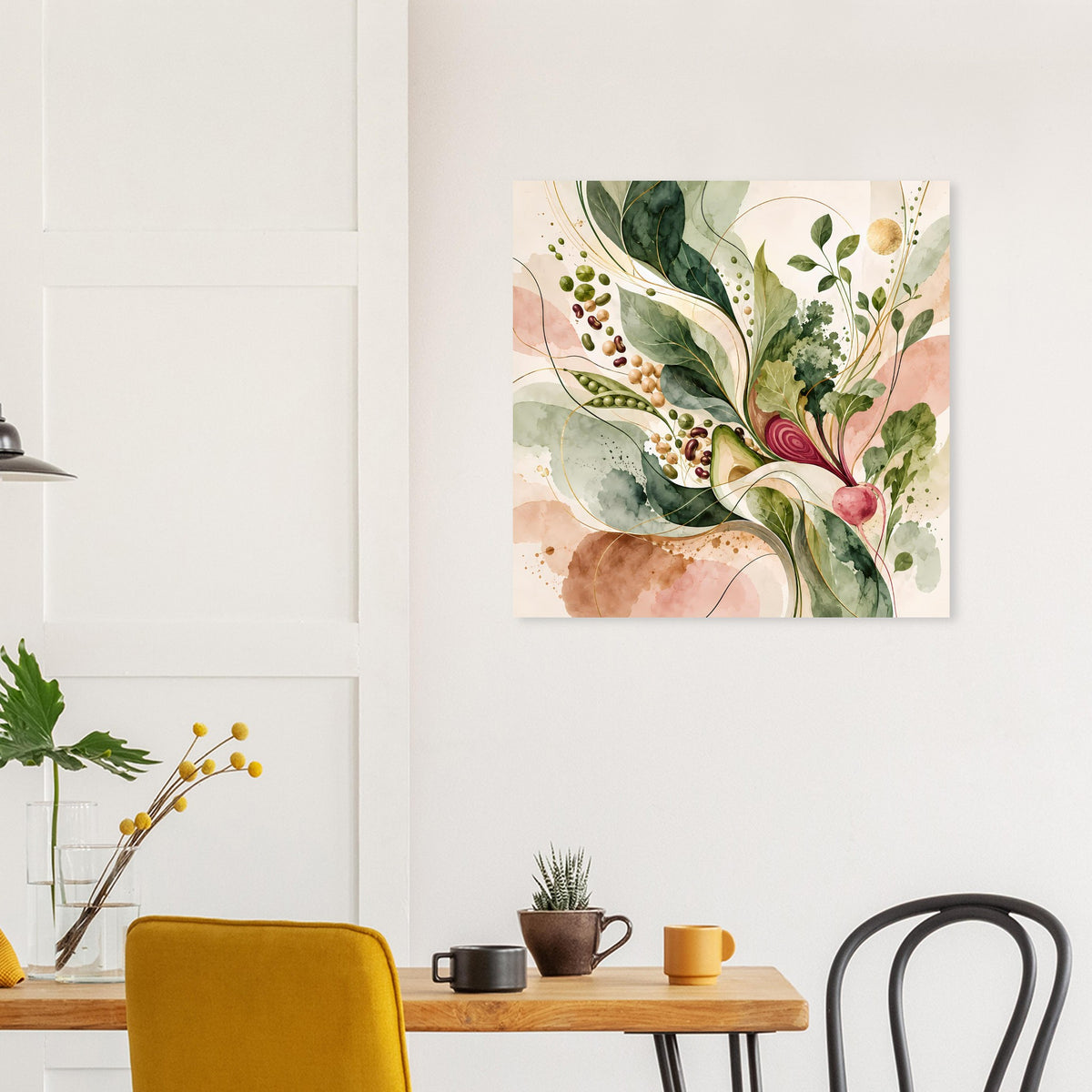Botanisches Naturposter mit Blättern und Beeren in Salbeigrün, Beige und Rosé