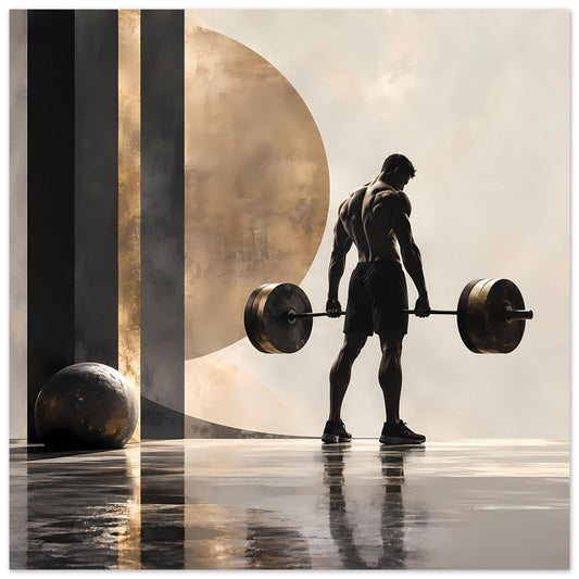 Krafttraining-Poster mit Silhouette beim Kreuzheben mit Langhantel, Gold- und Grautöne