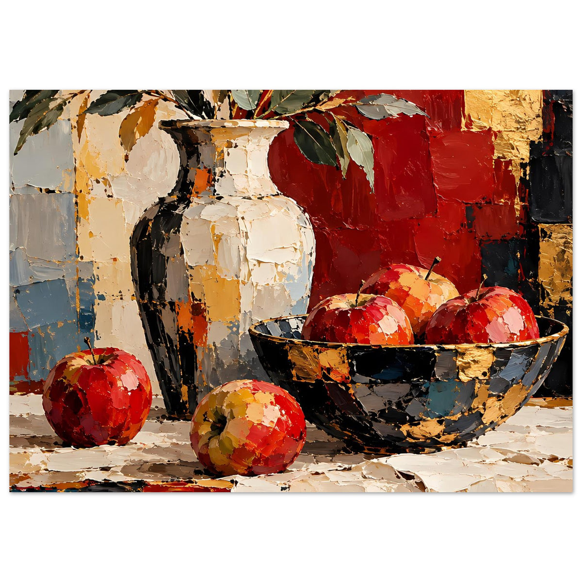Kunstposter Stillleben mit Vase, schwarzer Schale und roten Früchten auf hellem Grund