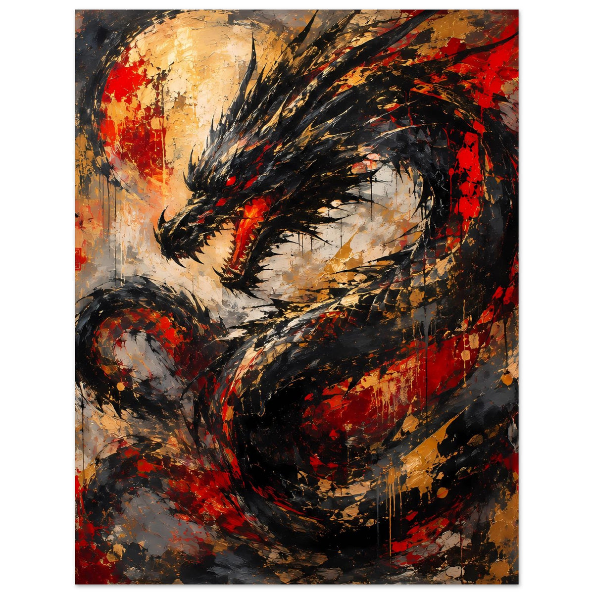 Abstraktes Drachenkunstposter mit schwarzem Drachenkopf, roten und goldenen Spritzspuren