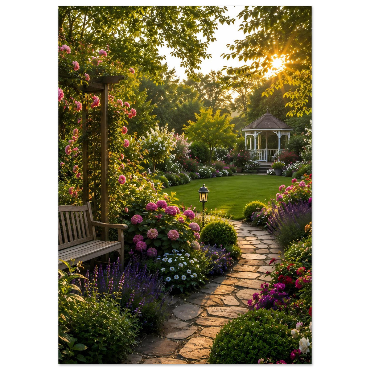 Hochformat-Gartenlandschafts-Poster mit Blumenbeeten, geschwungenem Pfad und Laterne