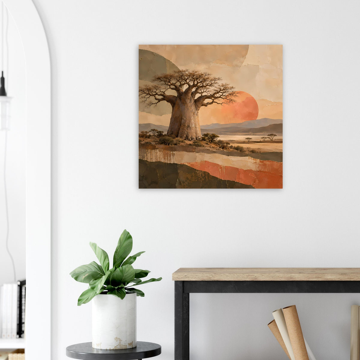 Naturposter mit Baobabbaum, roter Sonne und ruhiger Landschaft über dem Wasser