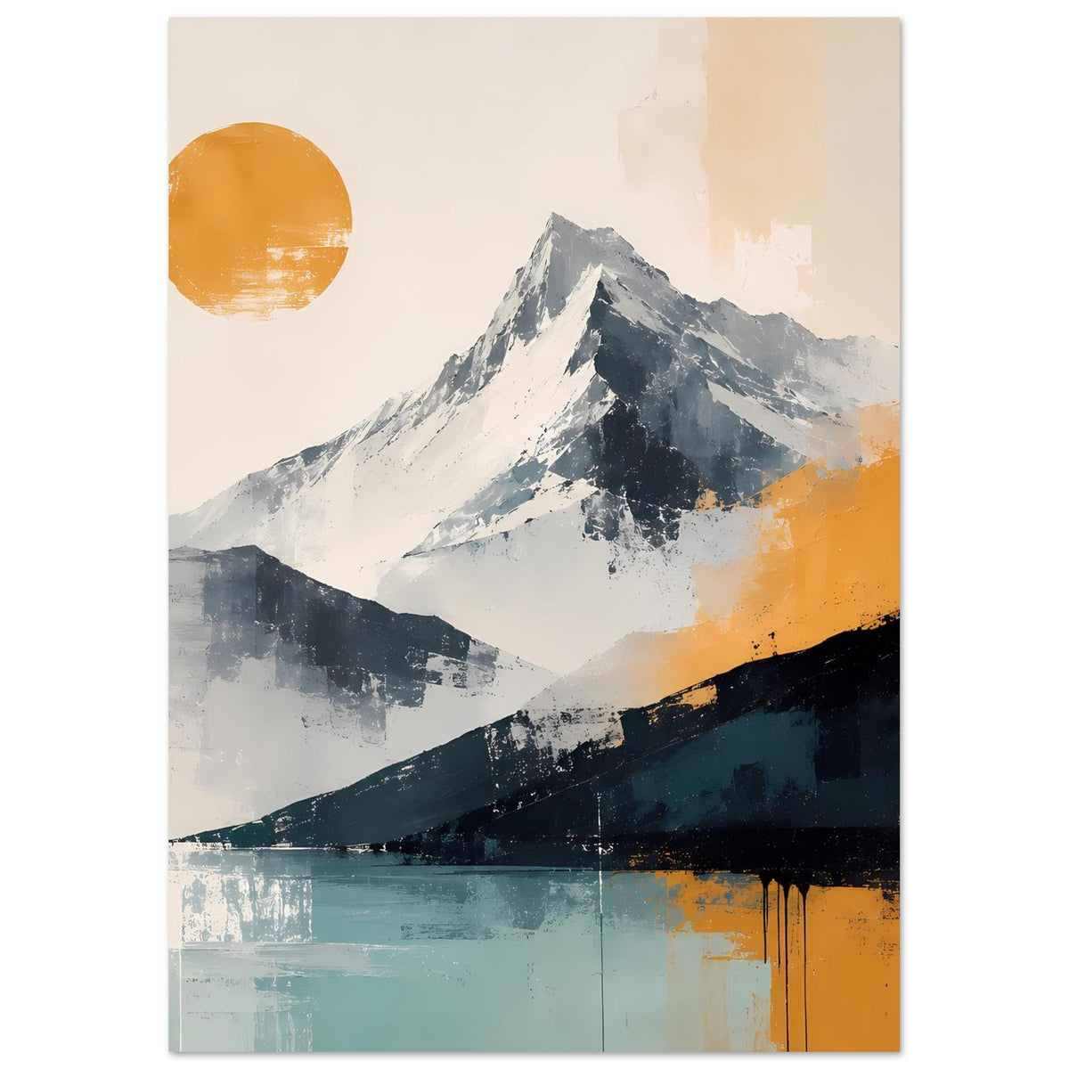 Hochformat-Poster mit abstrakter Berglandschaft, orangefarbenem Sonnenkreis, blau-grauen Bergen und teal unten.