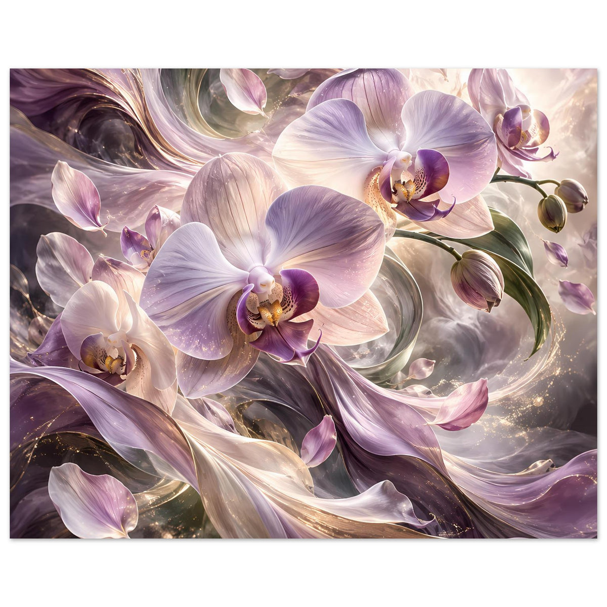 Blumenposter im Rahmen: violette Orchideenblüten in cremefarbenen Wirbeln