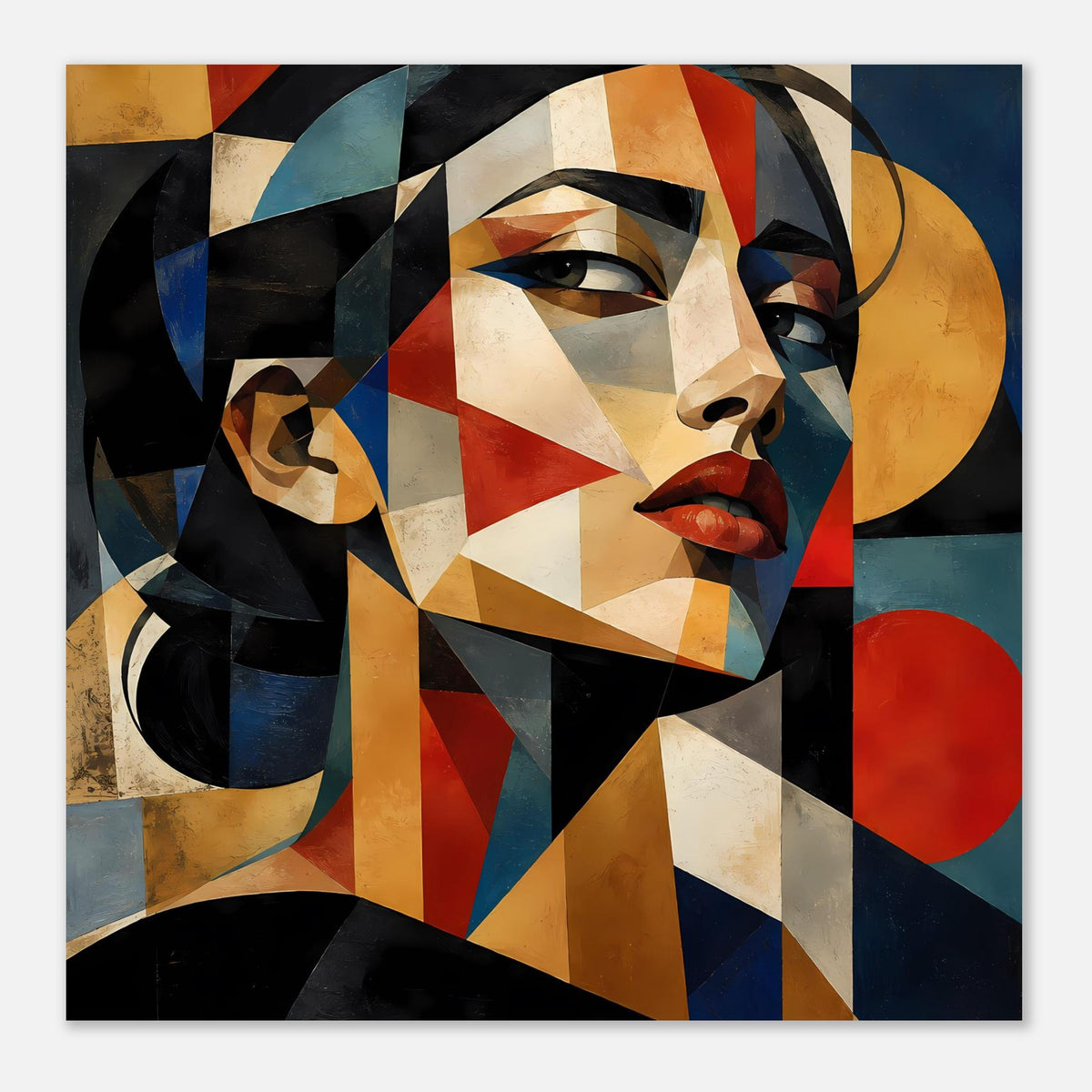 Geometrisches Portraitposter, stilisierte Frau mit kontrastreichen Dreiecken in warmen Farbtönen