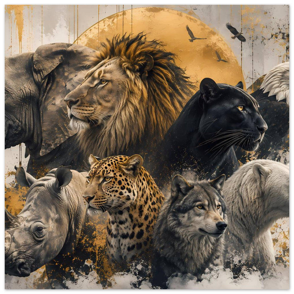 Wildtier-Poster mit Löwe, Panther, Leopard und Wolf, kräftige Gold-Schwarz-Farbgebung
