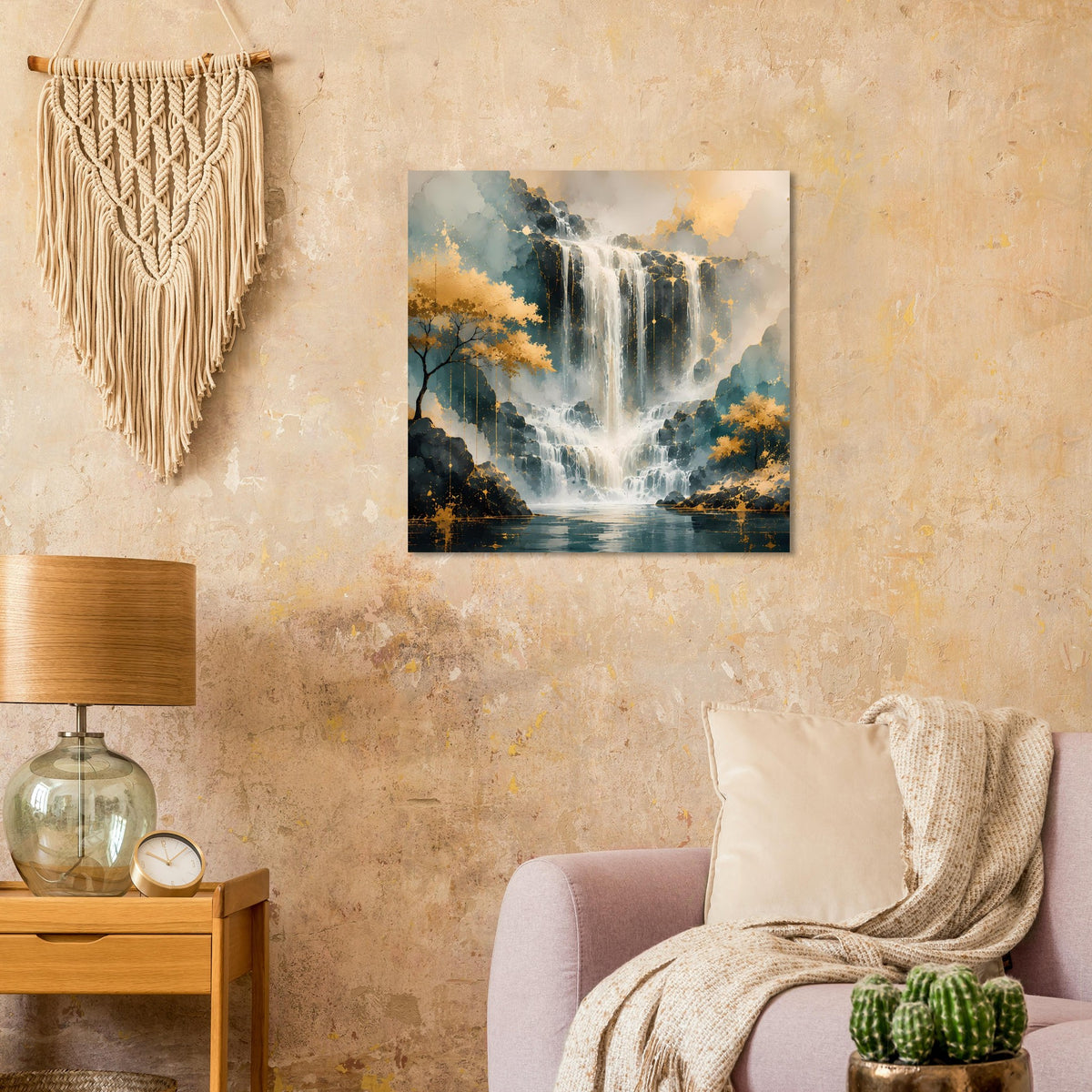 Quadratisches Wandposter mit Wasserfall-Motiv, goldene Wolken und blaue Baumkronen