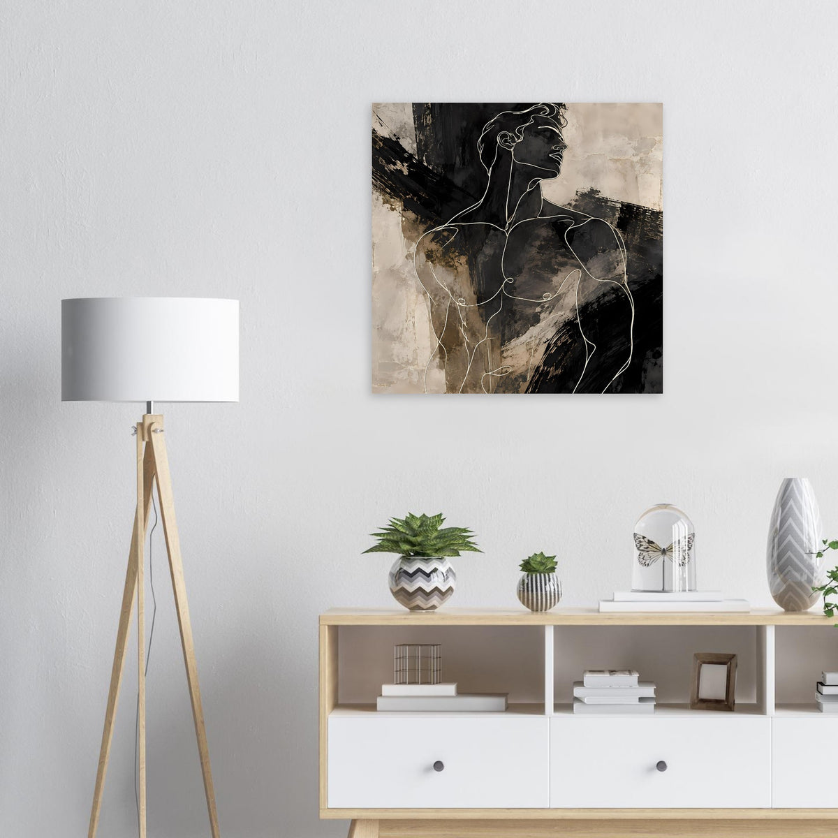 Quadratisches Kunstposter: männliche Silhouette als feine Linien auf beigem Hintergrund