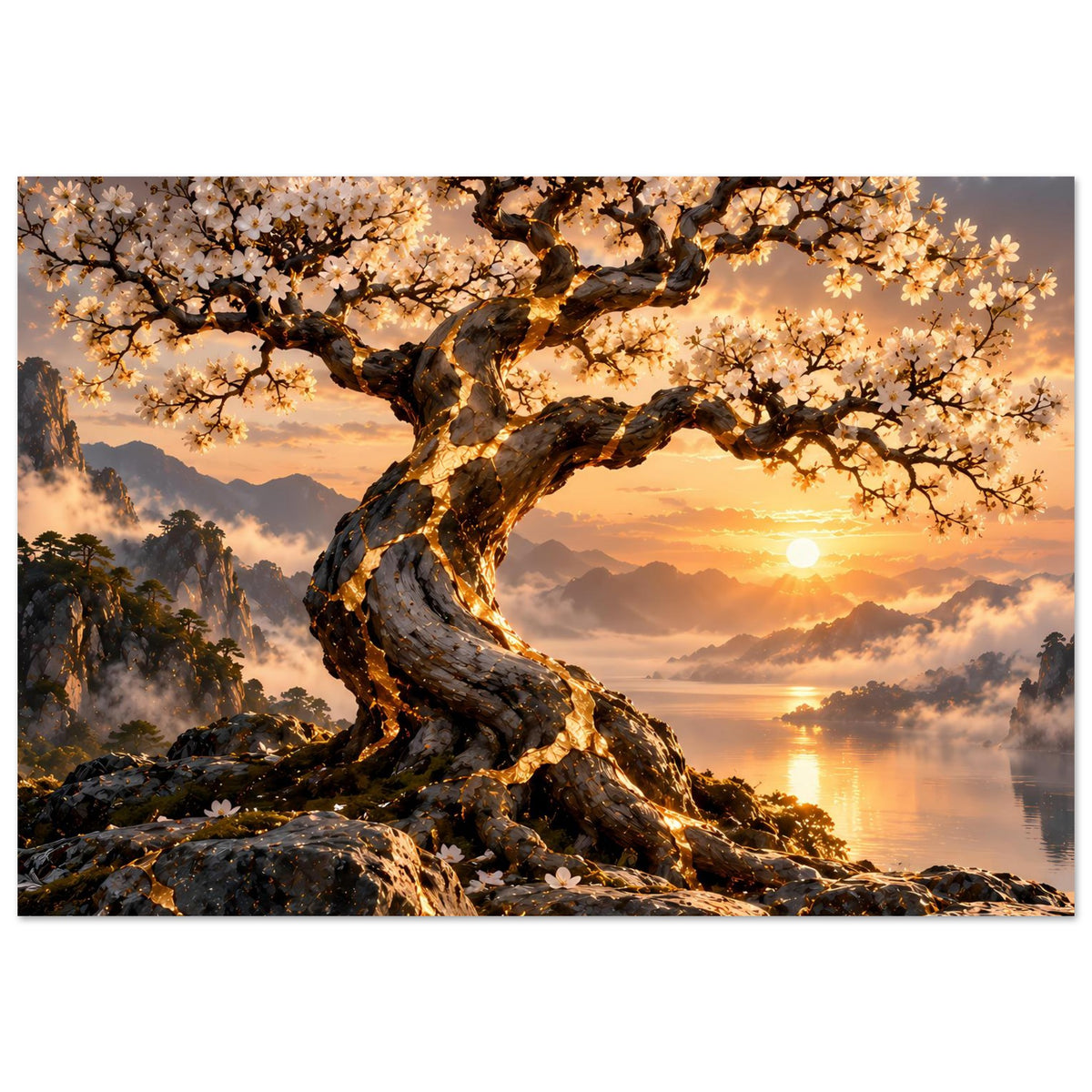 Blühendes Landschaftsposter mit Baum und Blütenzweigen, Felsen im Vordergrund und Sonnenkreis