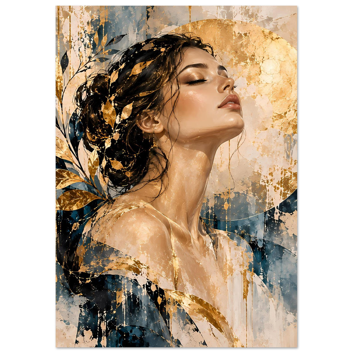 Kunst-Poster: Nahansicht der Frau im Profil mit schwarzem Haar, goldenen Blättern und gold-blauen Strukturen
