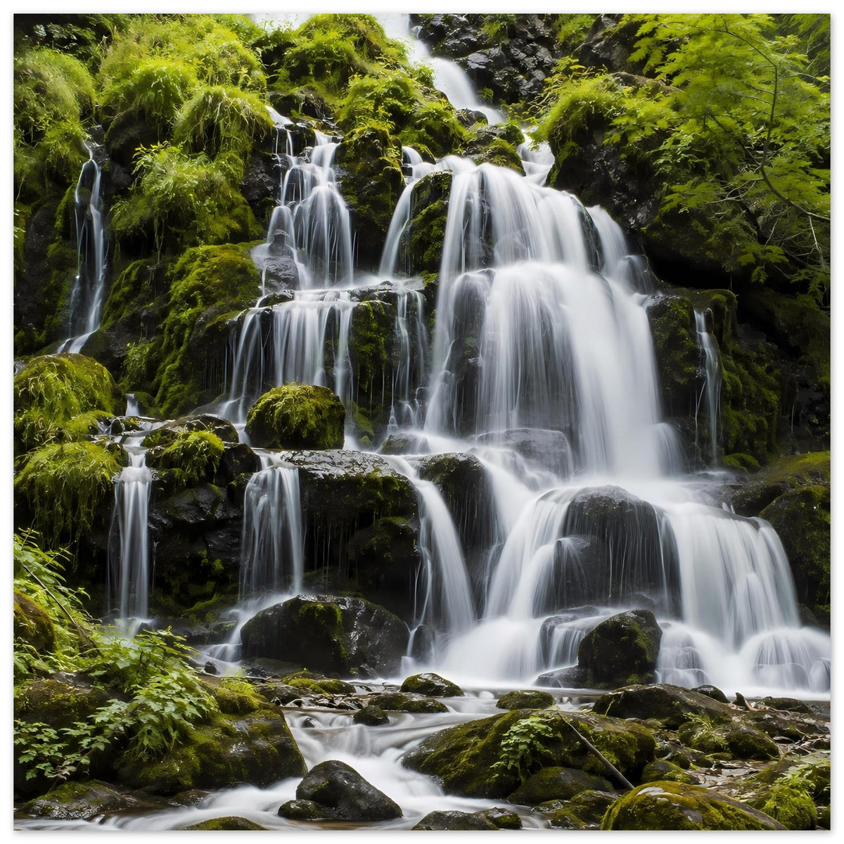 Wasserfall-Poster mit Wasserfällen in Felslandschaft und grünem Moos, vertikal