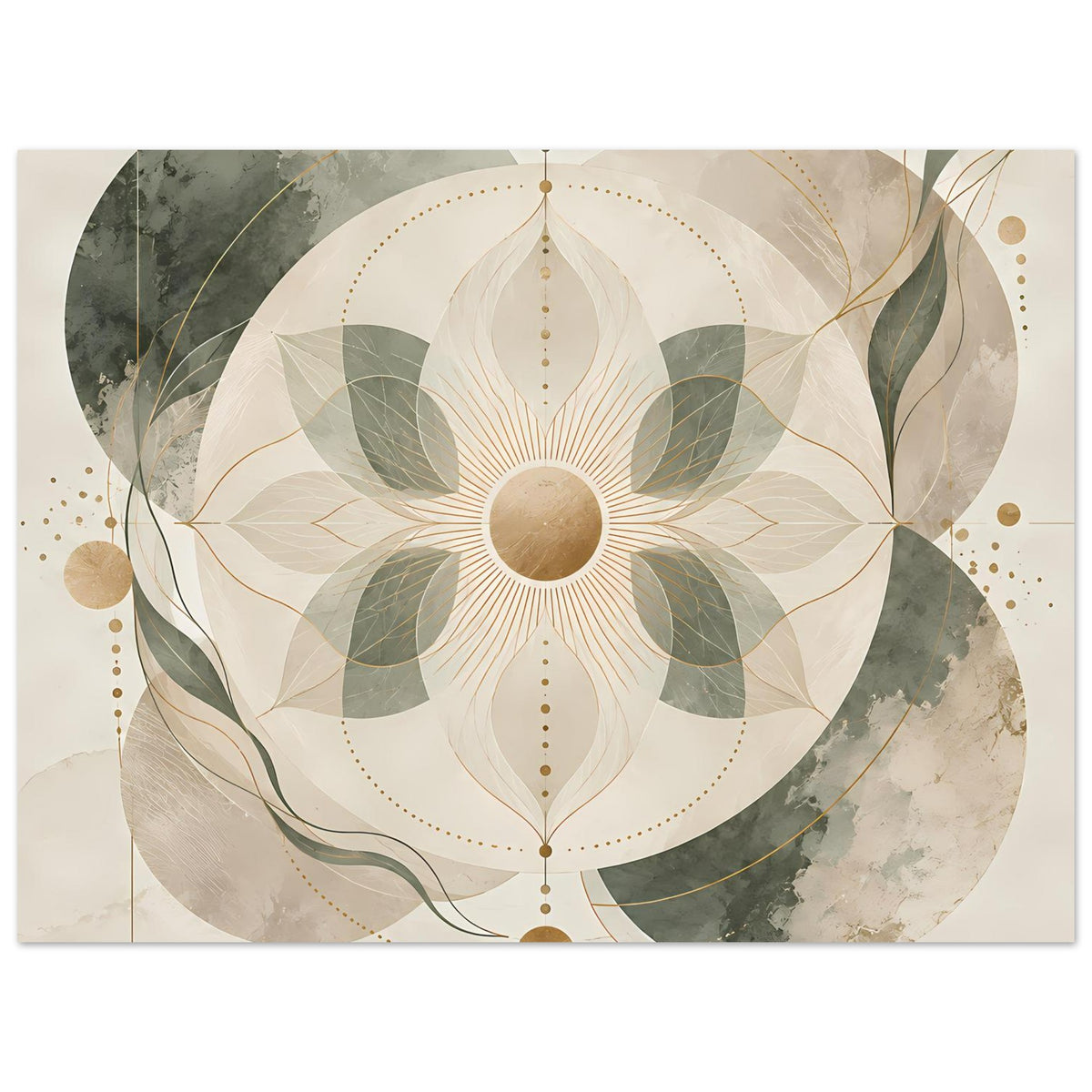 Zen-Poster mit Mandala in Beige, Grün und Gold, gedämpfte Grünflächen um das runde Zentrum.