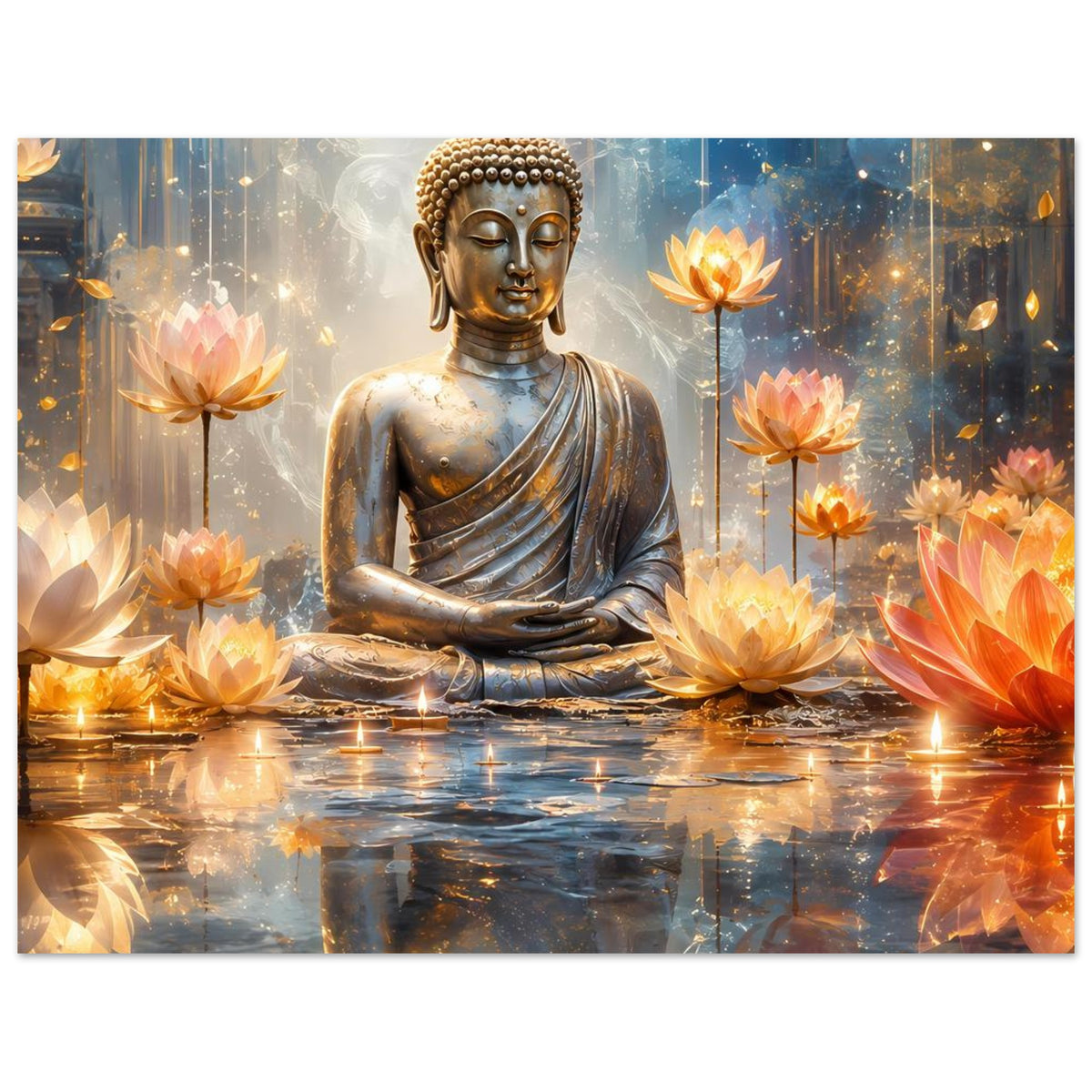 Querformatposter: goldener Buddha im Lotussitz, orange Lotusblüten und Kerzen vor spiegelndem Hintergrund
