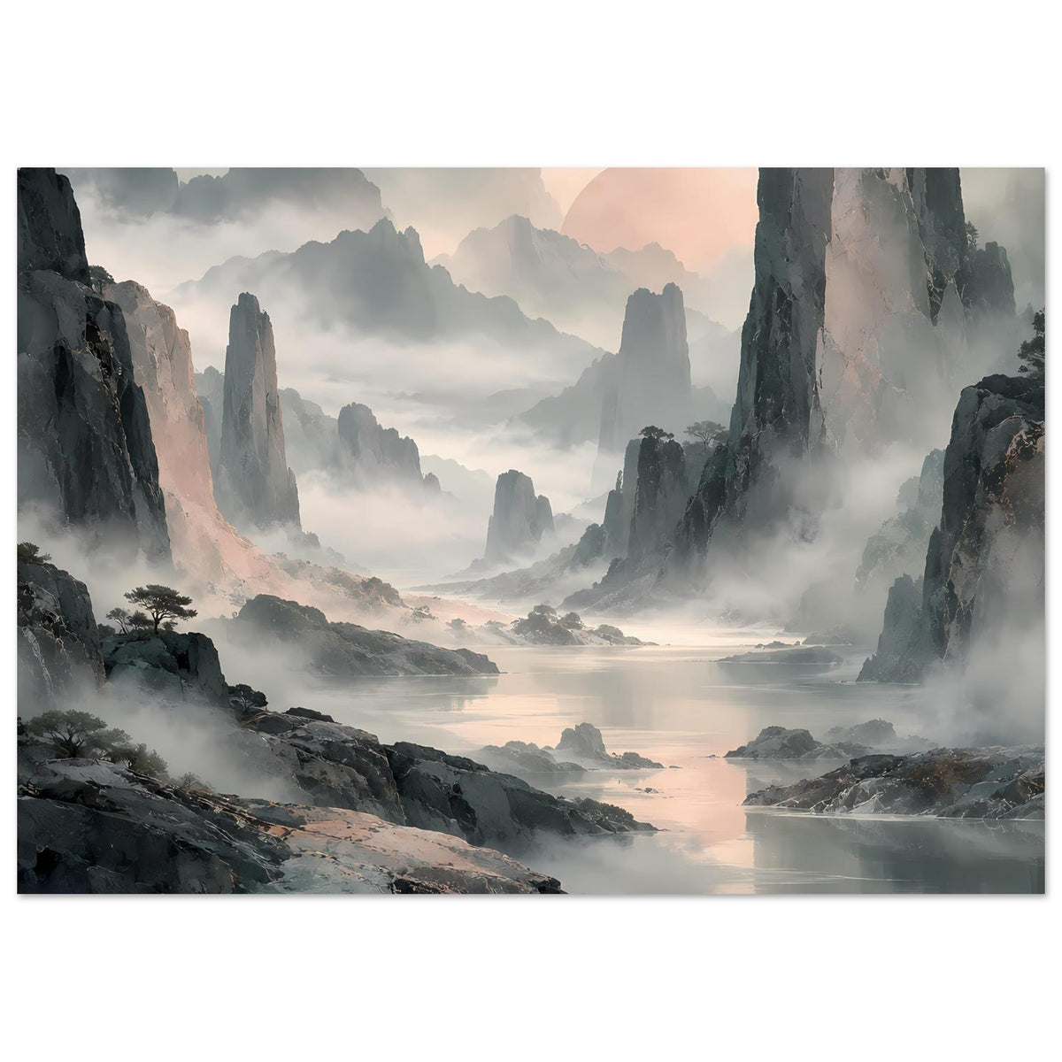 Horizontales Poster mit Berglandschaft, dichtem Nebel über Wasser und warmem Pastellhimmel