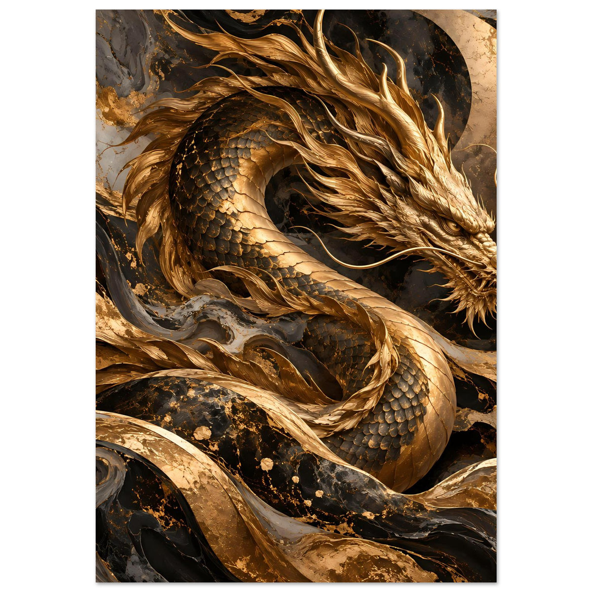 Fantasy-Poster: goldener Drache mit Schuppen, Kopf rechts, Körper geschlungen