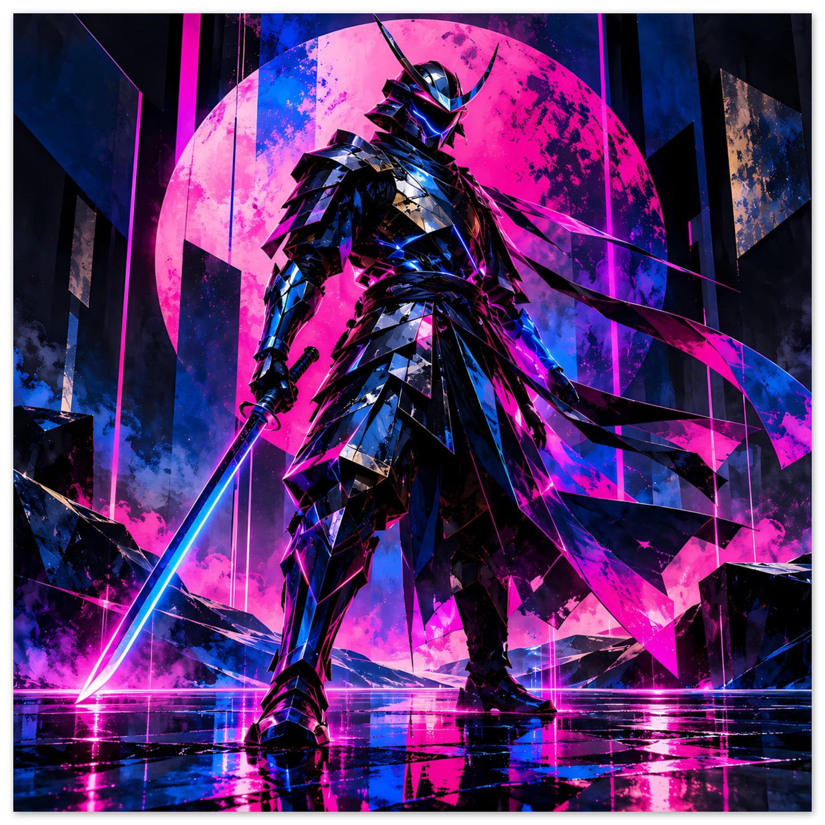Poster mit futuristischem Samurai-Krieger, pink-blau, knallige Lichtstreifen am Boden
