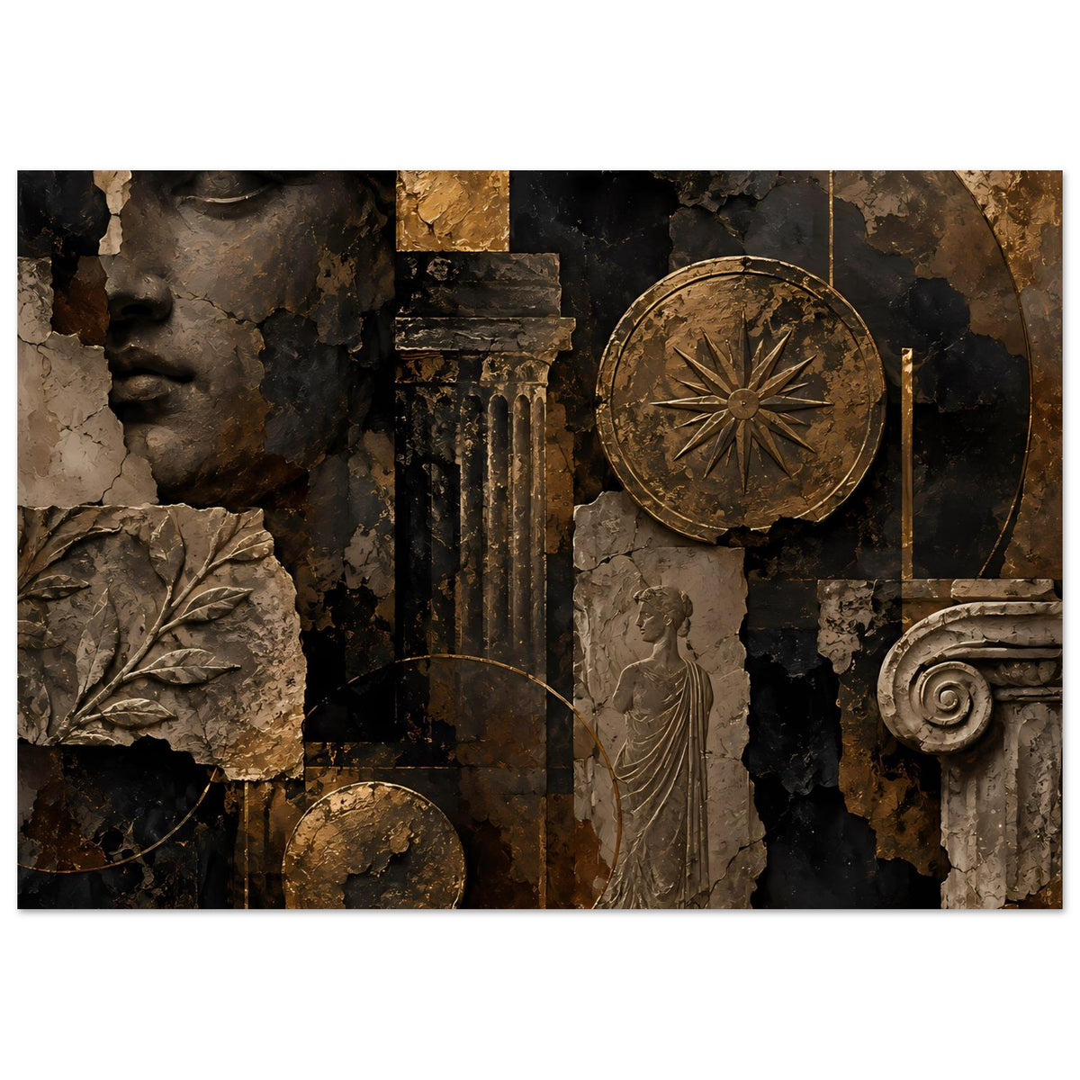 Wandposter mit antikem Relief, Bronze- und Schwarztönen, Gesicht links und Rad rechts
