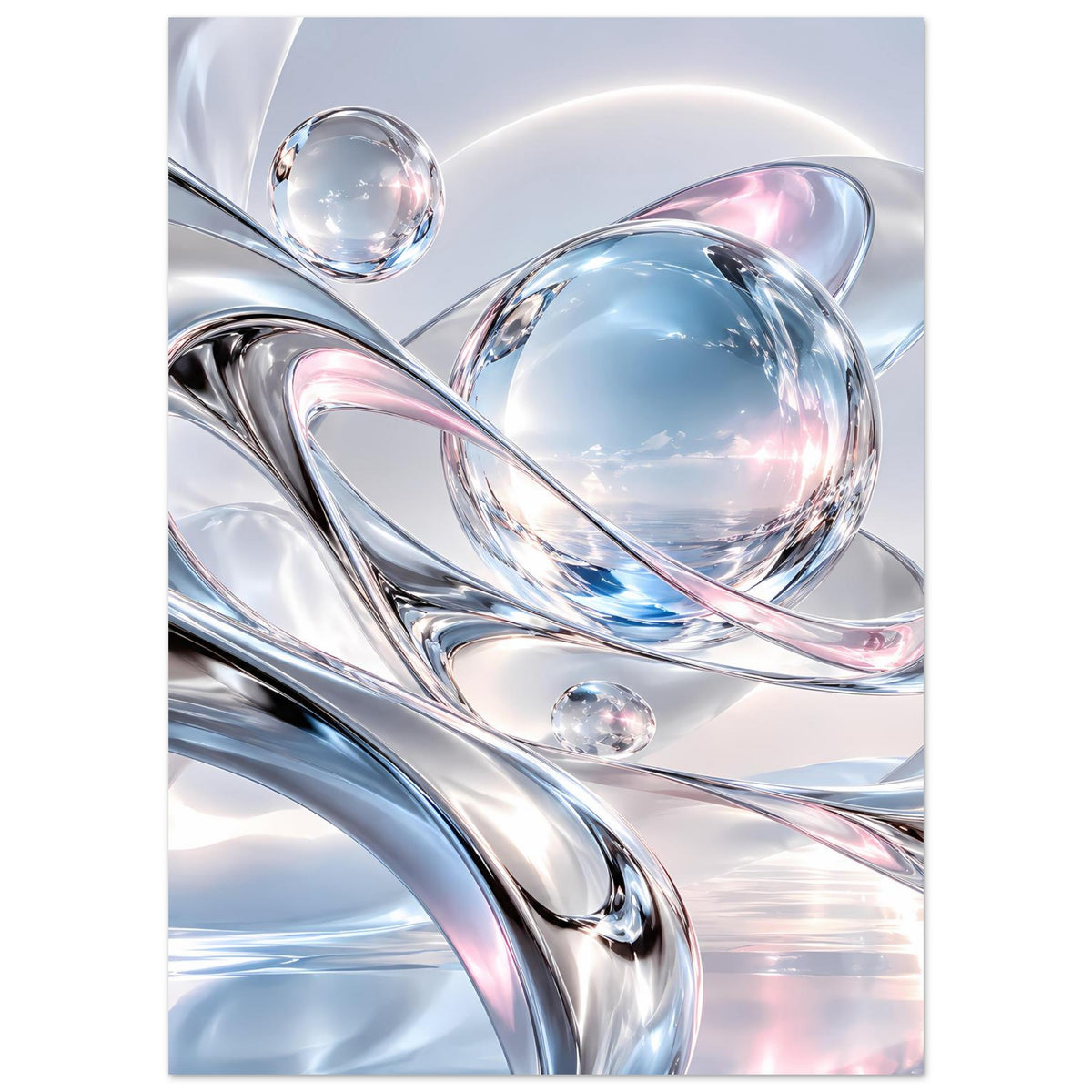 Kunstposter mit silbernen Spiralen, großen Kugeln und blau-rosafarbenen Reflexionen