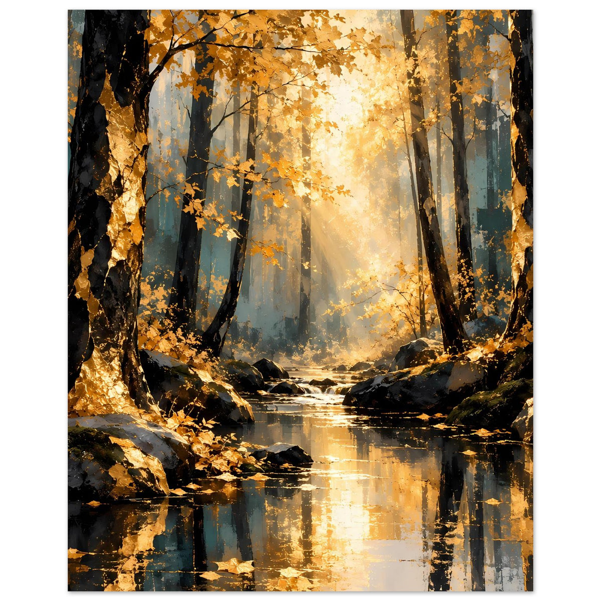 Herbstwald-Poster (Querformat) mit Flussreflexion und warmen Orange- und Blautönen