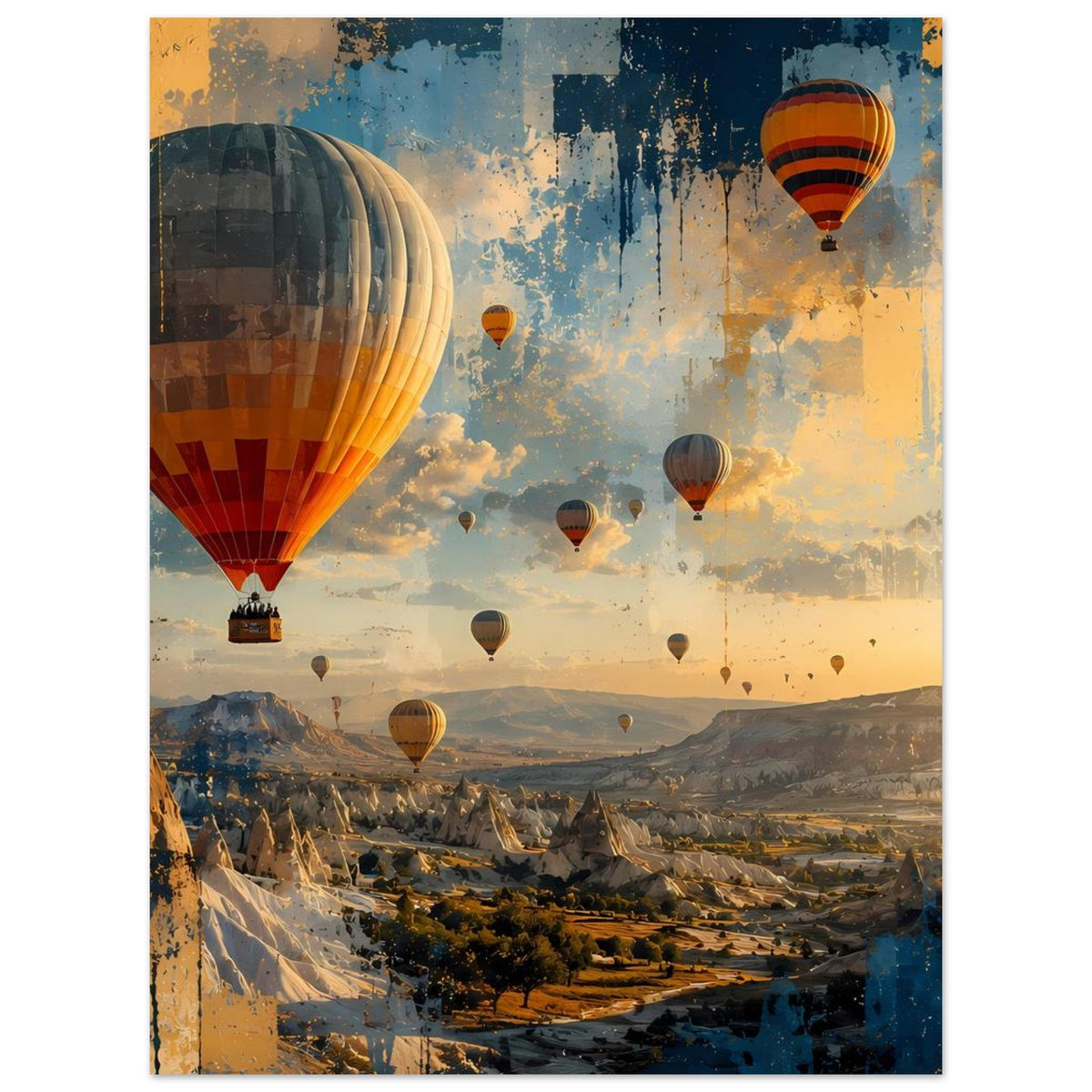 Posterdruck mit mehreren Heißluftballons über felsiger Landschaft, blau-goldenes Design