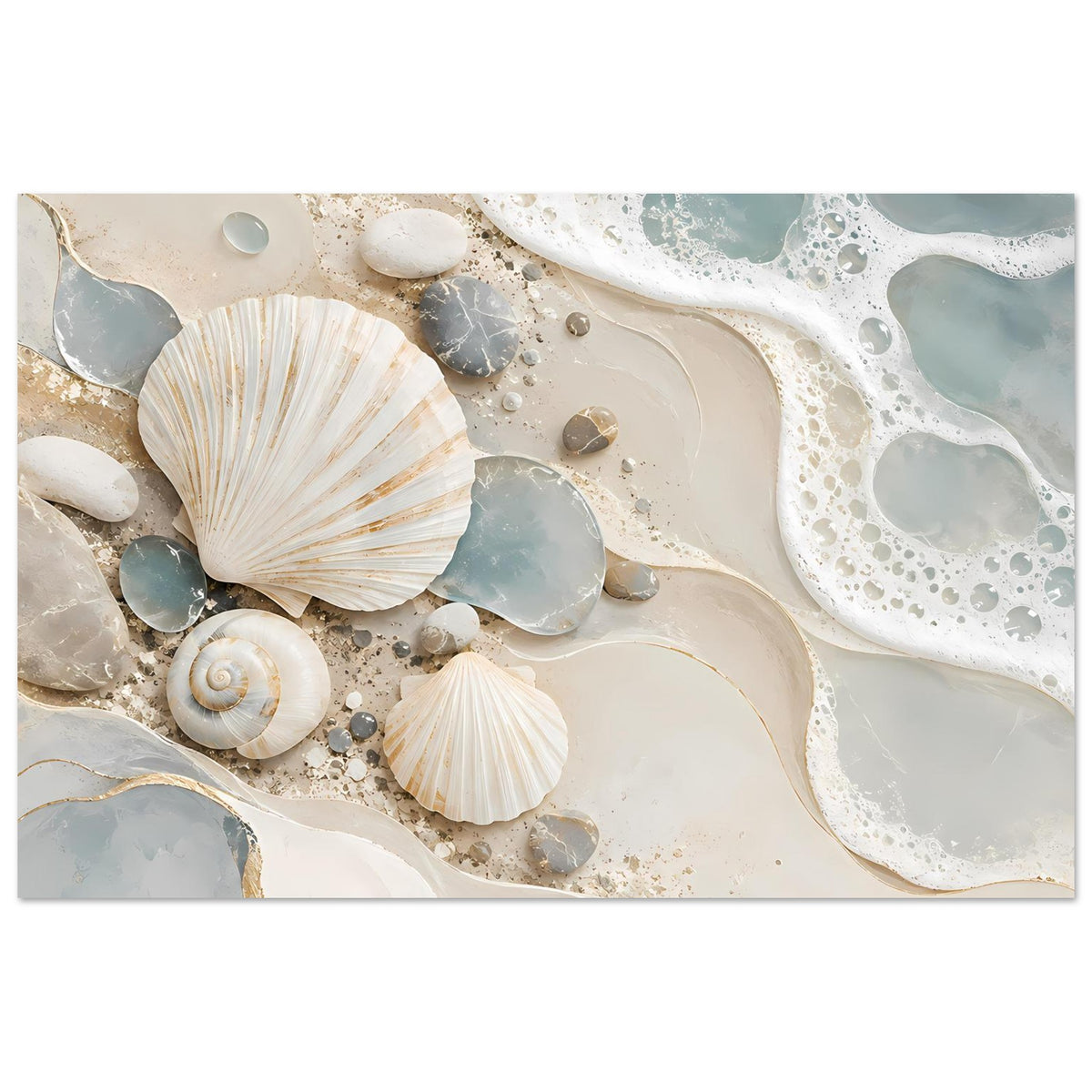 Seeposter im Querformat: Muscheln und kleine Steine, helle Cremeflächen mit blauem Schimmer