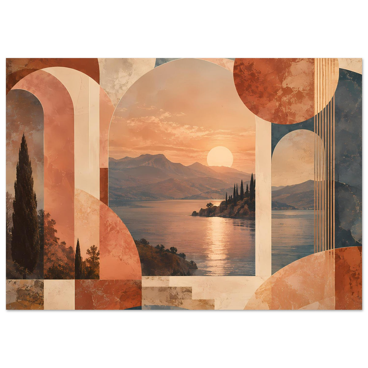 Abstraktes Poster: warmes Landschaftsbild mit See, Sonne, Bergen; Kreise und goldene Linien