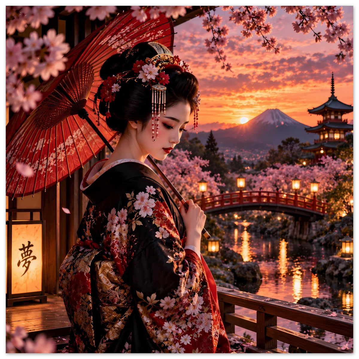 Poster: Frau im Kimono mit Kirschblüten, roter Fächer-Schirm, Kirschblütenzweige vorn