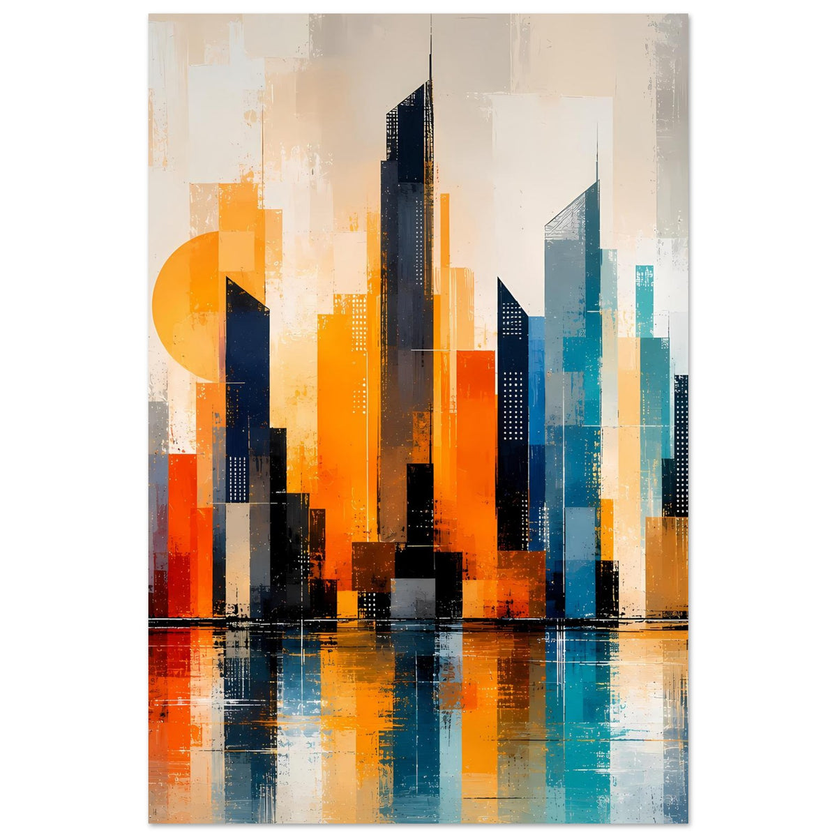 Abstraktes Stadtposter mit Skyline aus orangefarbenen und türkisfarbenen Gebäudekanten