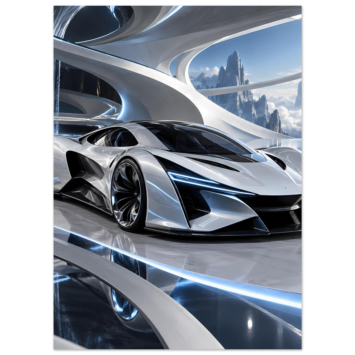 Futuristisches Auto-Poster: silberner Supersportwagen, dunkles Cockpit, markante Frontlinien