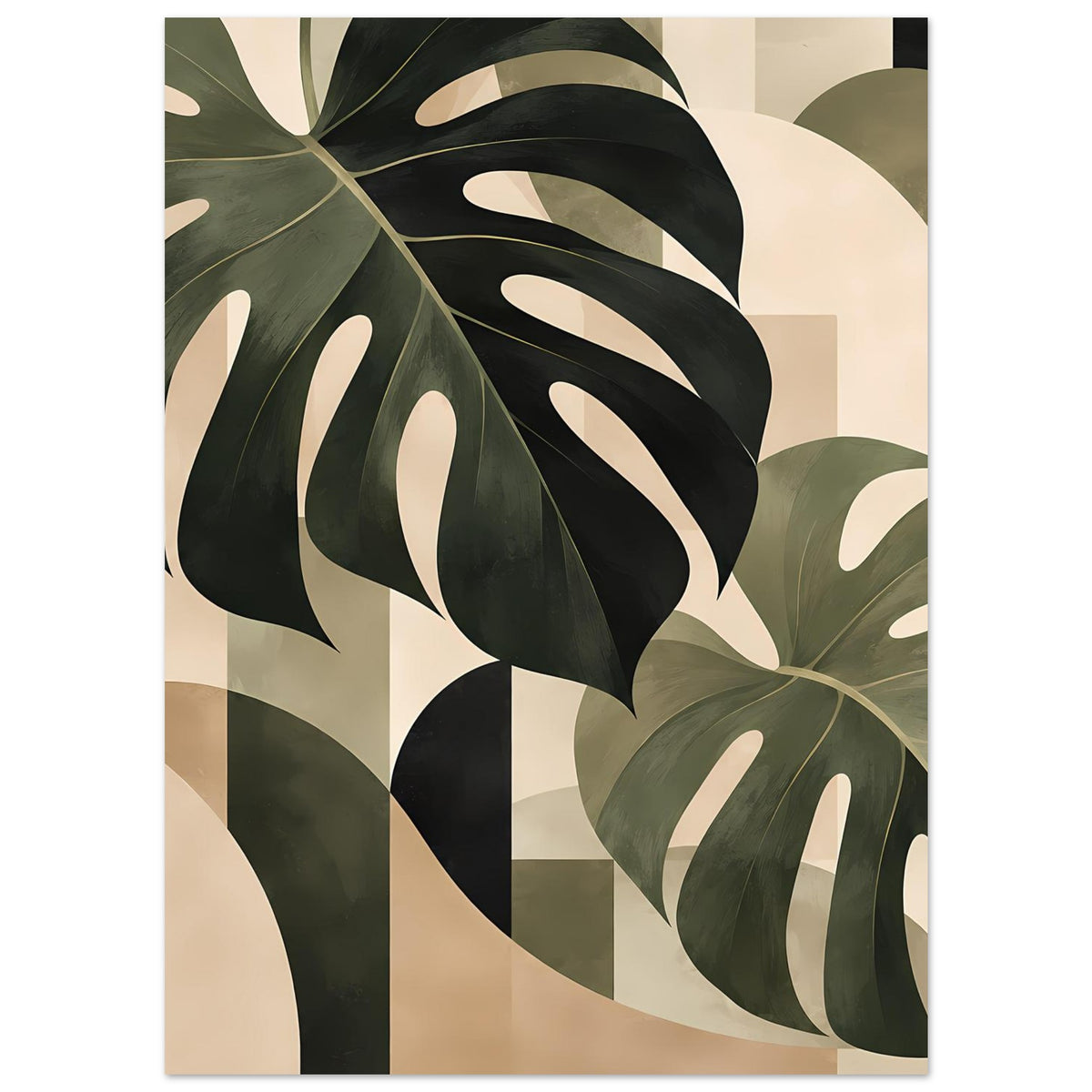 Botanik-Poster mit überlappenden Monstera-Blättern in Salbeigrün, Beige und dunklem Grün