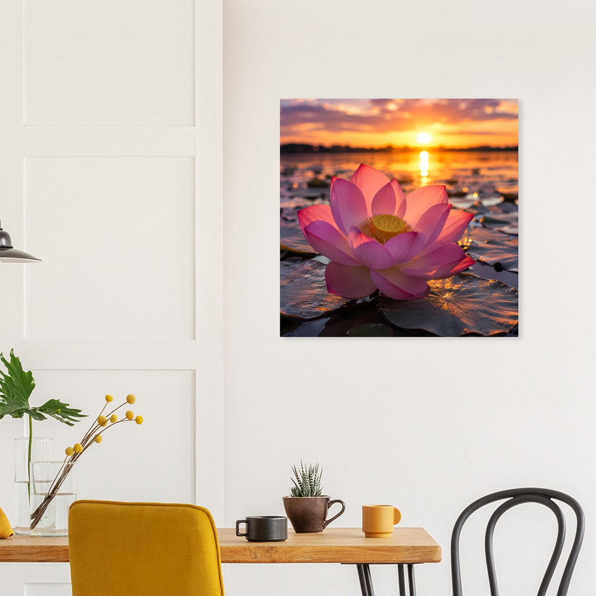 Wandposter mit pinker Lotusblume und goldener Sonne am Horizont, schwarzer Rand