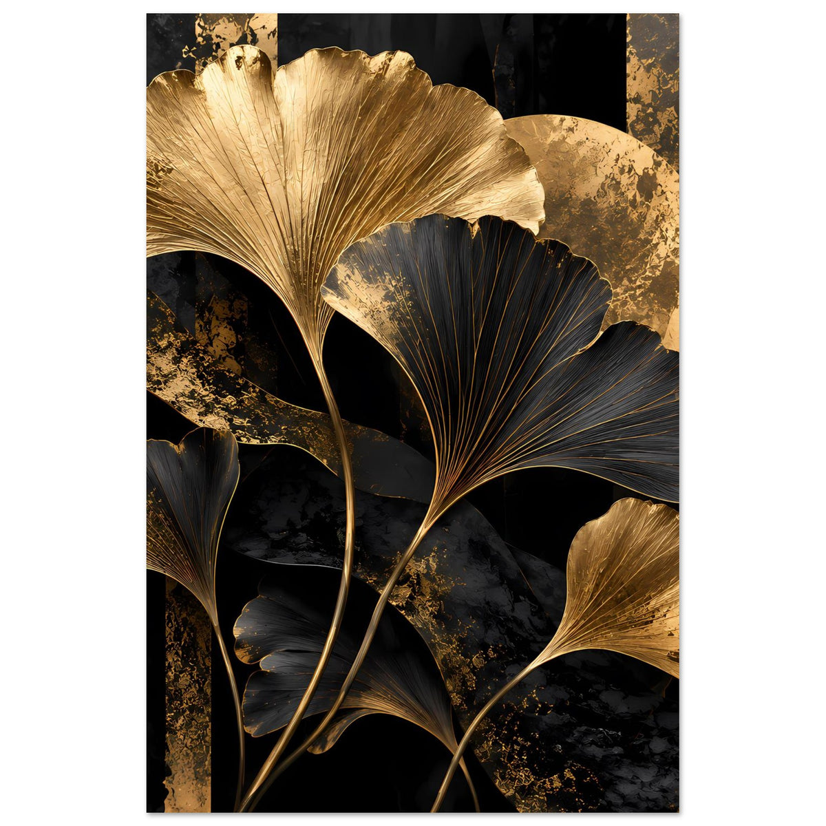 Botanisches Poster im Hochformat mit goldenen Ginkgo-Blättern und schwarzen Blattzweigen