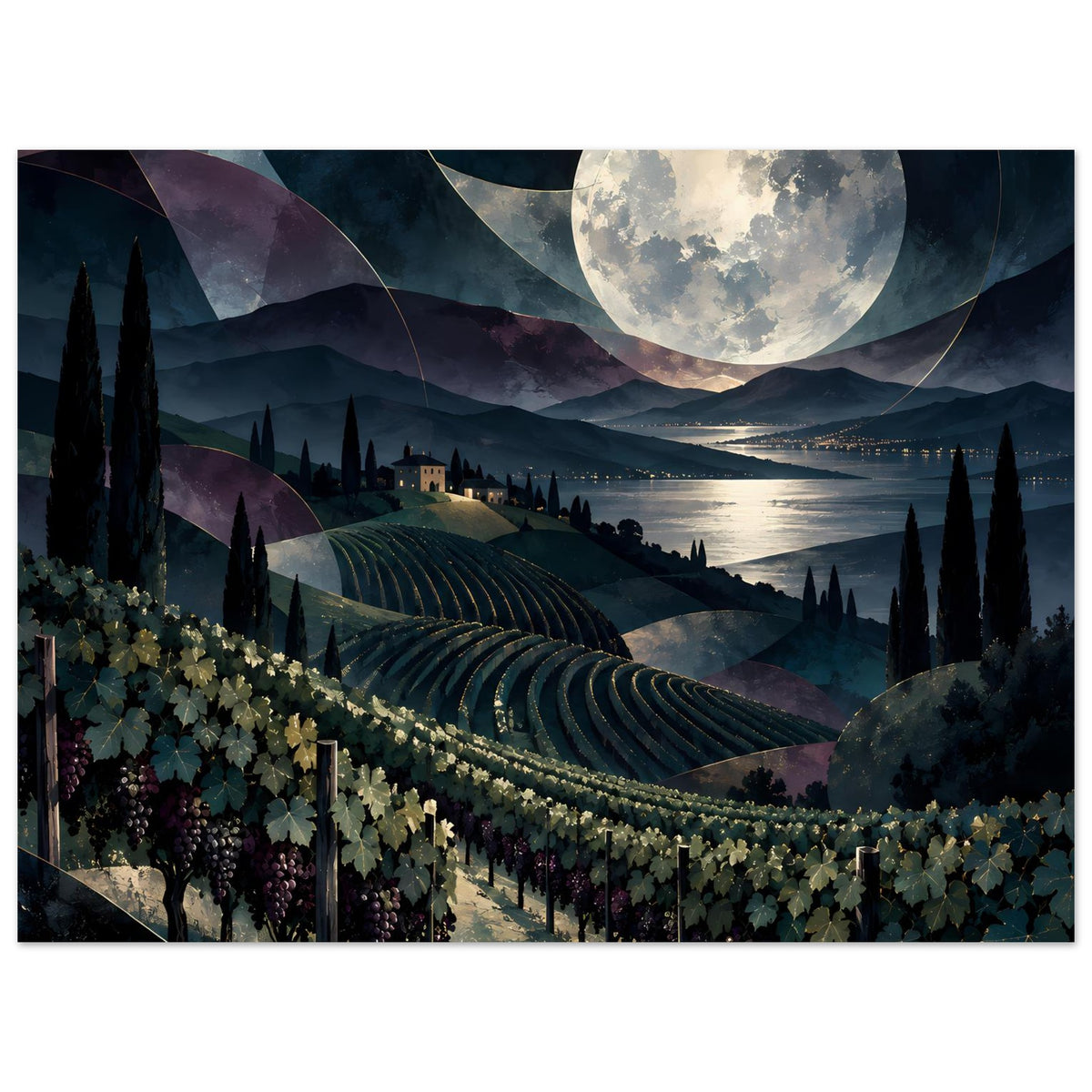 Nachtlandschaftsposter mit Weinberg, Mond und Seeufer im Hintergrund, Querformat