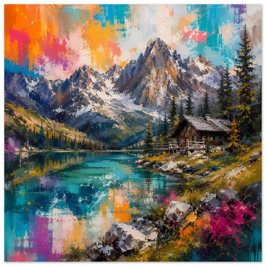 Nahansicht Poster: Alpenberge, türkisblauer See und Hütte mit Farb-Spritztextur