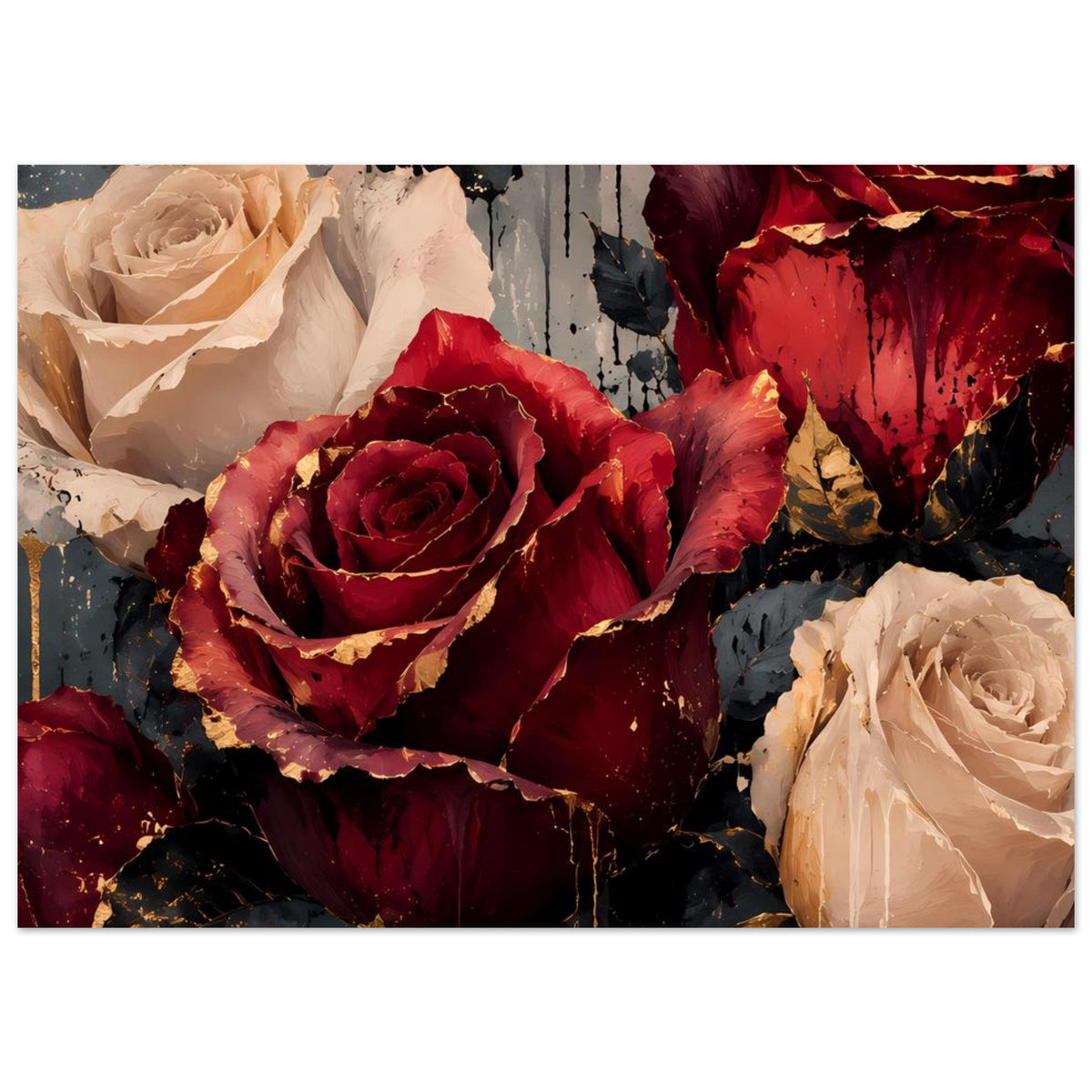 Kunstposter-Zoom auf Bordeauxrote Rose und cremefarbene Rosen mit goldenen Details
