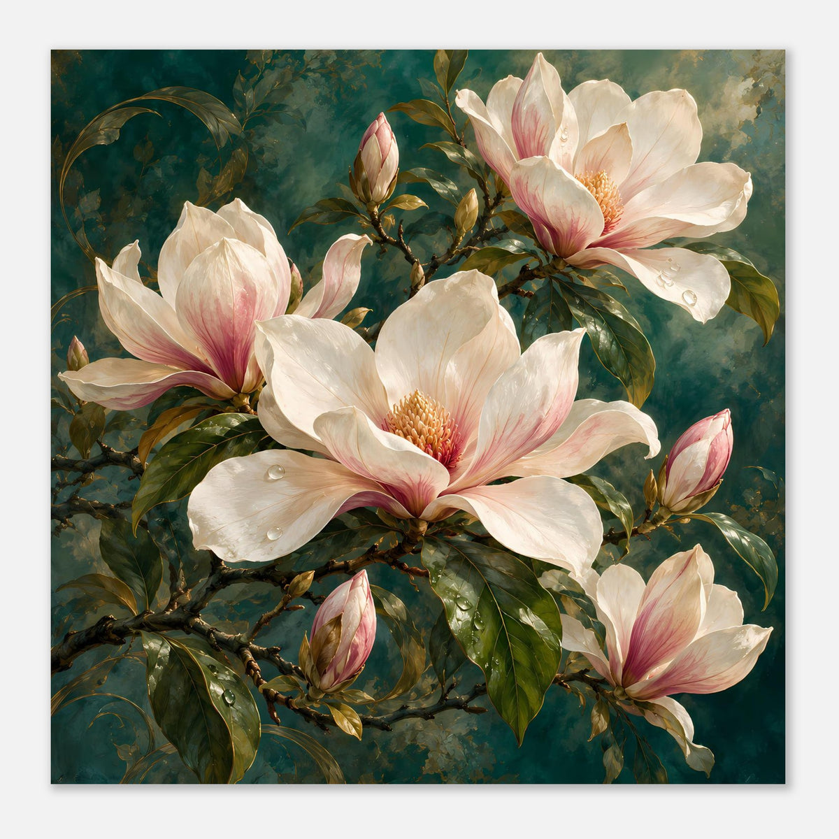 Rechteckiges Magnolienposter in Creme und Rosa, zentrales Blütenmotiv mit Knospen.