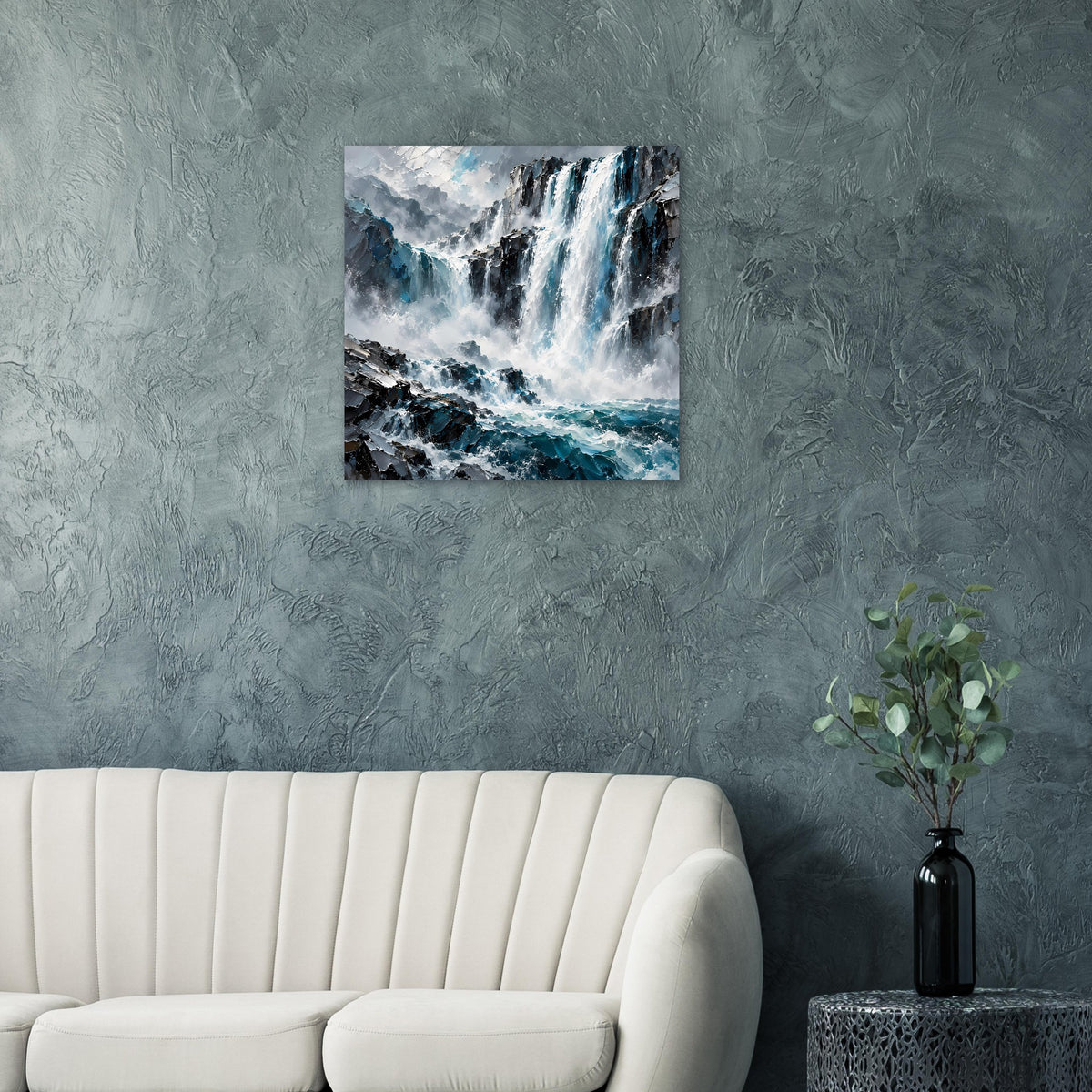 Gerahmtes Poster mit Wasserfall und Meerblick, kräftige Blautöne und weiße Gischt